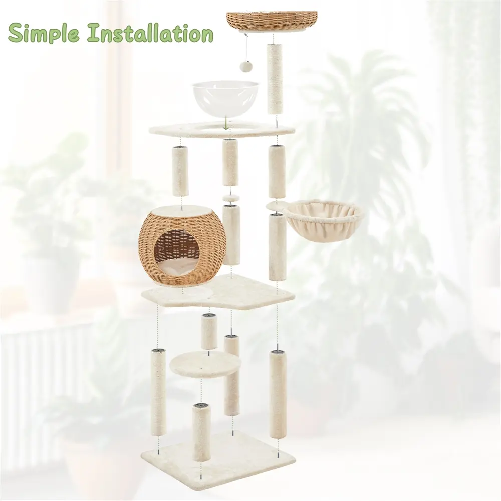 54'' Rattan Cat Tree Tower – Woven Condo, Clear Bowl, Washable Cushions & Scratching Posts for Indoor Cats