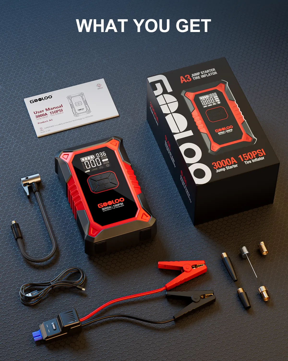Portable Car Jump Starter with Air Compressor, 3000A Car Battery Jump Starter (9.0 Gas/6.5L Diesel) with 150PSI Digital Tire Inflator Repair Tool Kit Vehicle. fathersdaygift