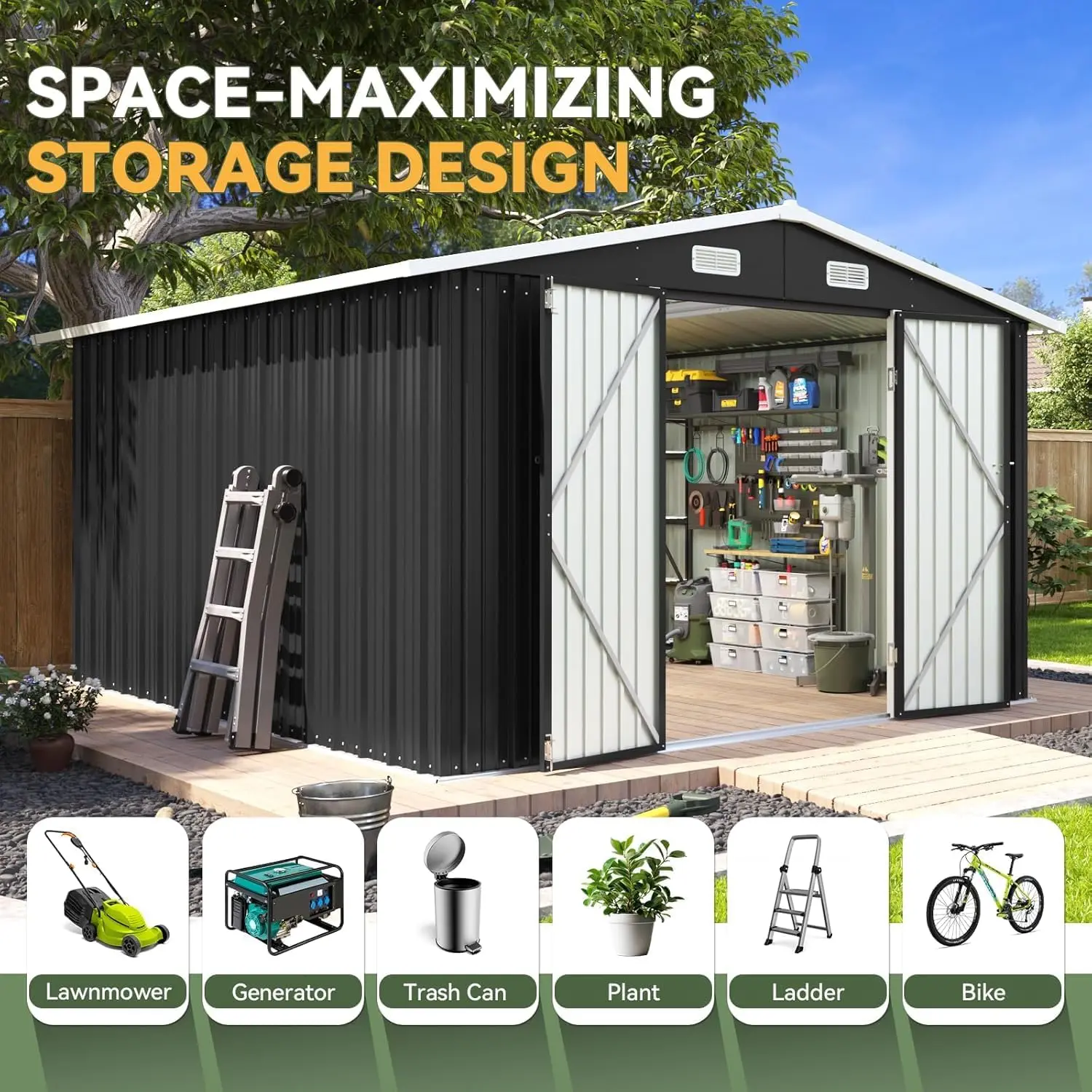 Outdoor Storage Shed Metal Garden Tool Shed with Sloping Roof Lockable Door for Patio Lawn Backyard Black Organizer for Garden Tools & Shelf Organization