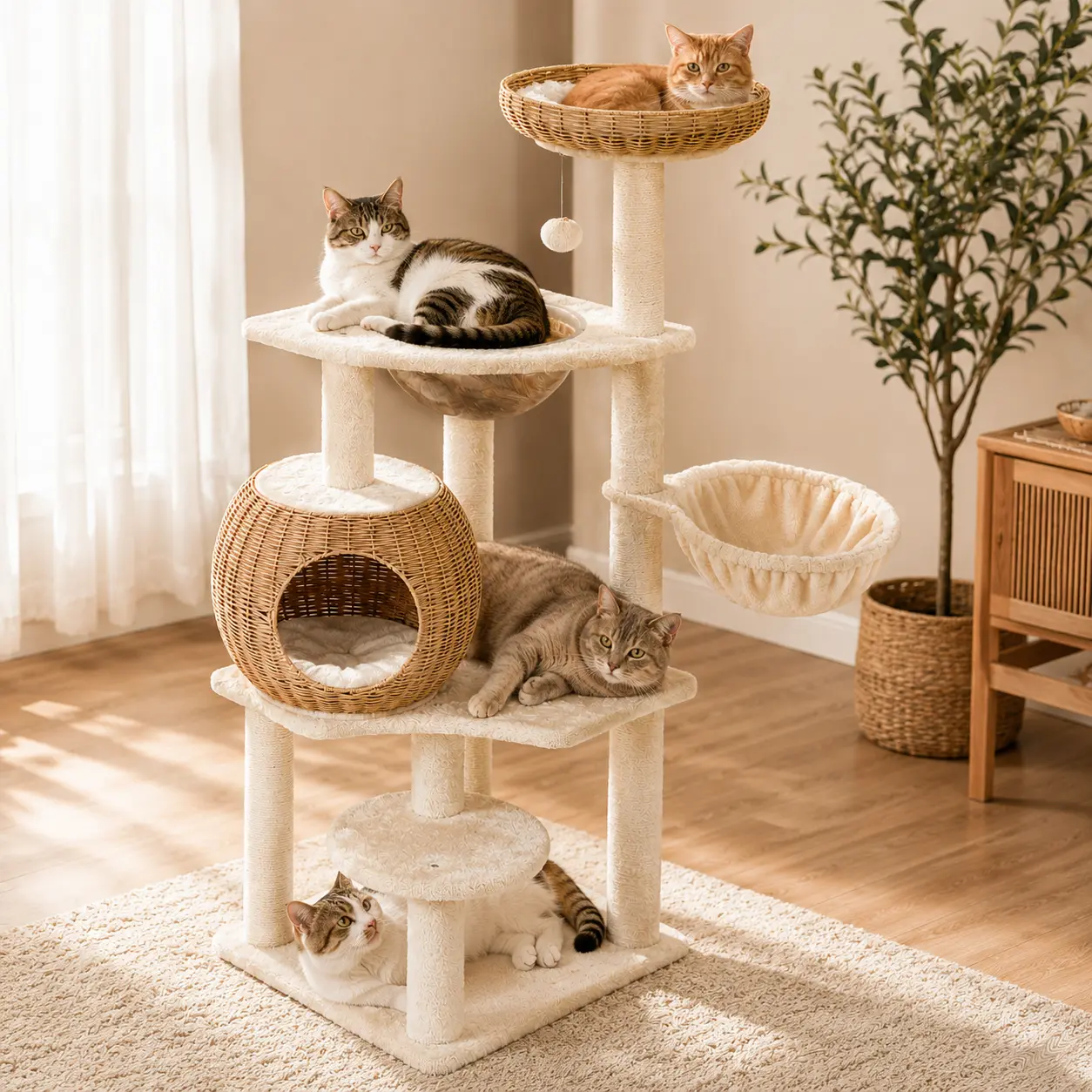 54'' Rattan Cat Tree Tower – Woven Condo, Clear Bowl, Washable Cushions & Scratching Posts for Indoor Cats