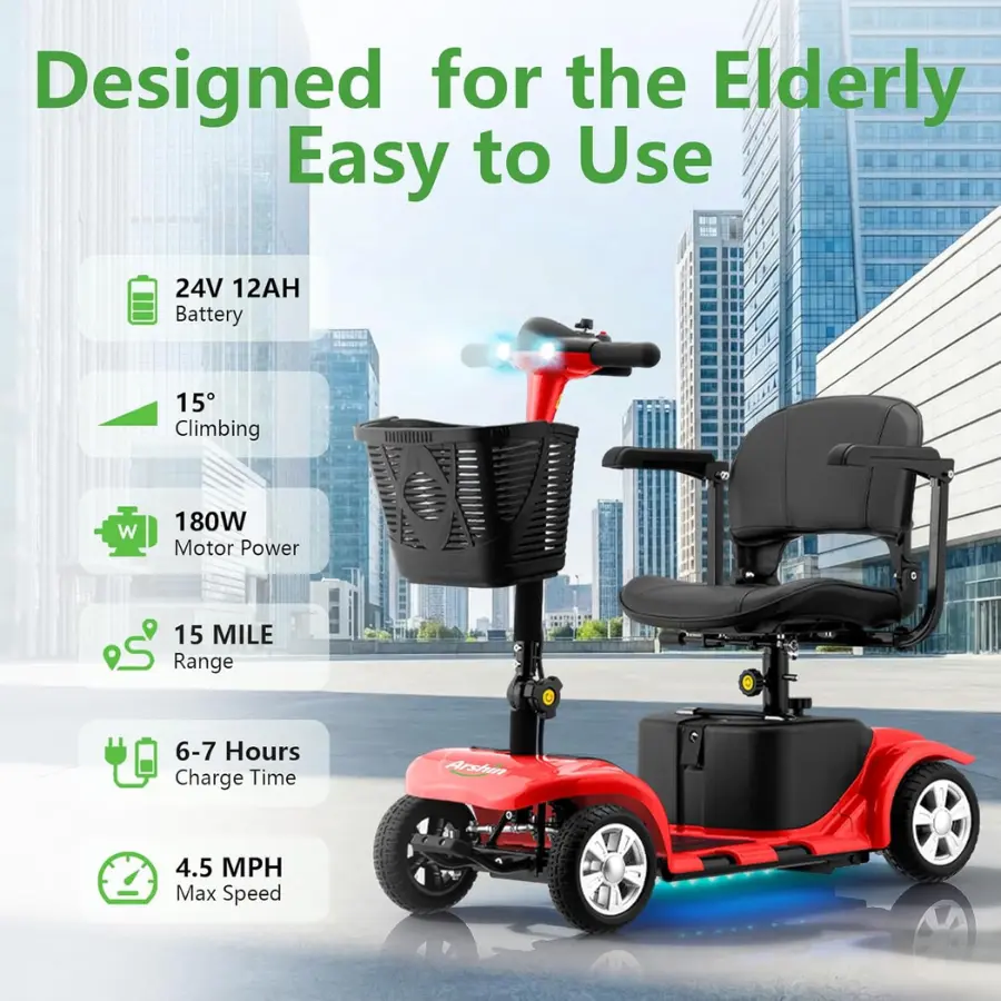 4-Wheel Portable Mobility Scooter – Electric Scooter with Removable Battery, LED Headlight & Basket, 300 lbs Capacity