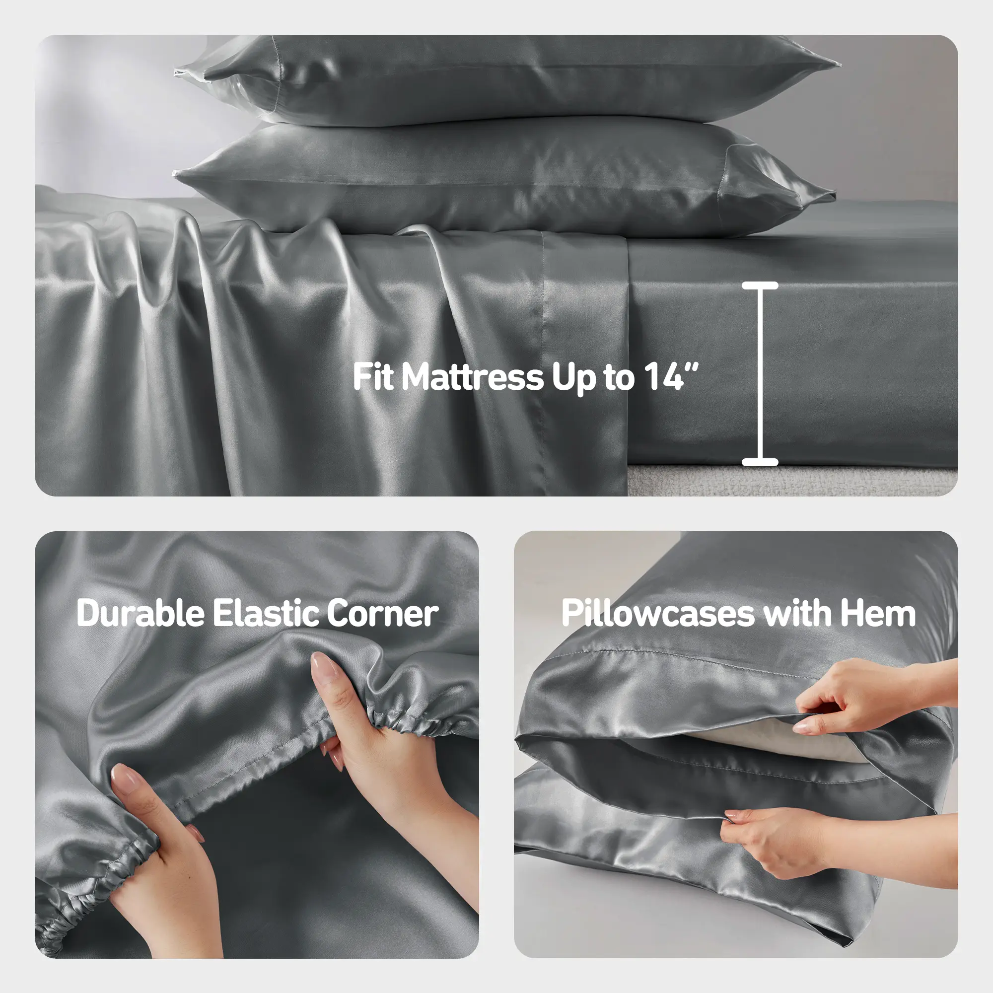6 Piece Solid Color Satin Sheets Set
