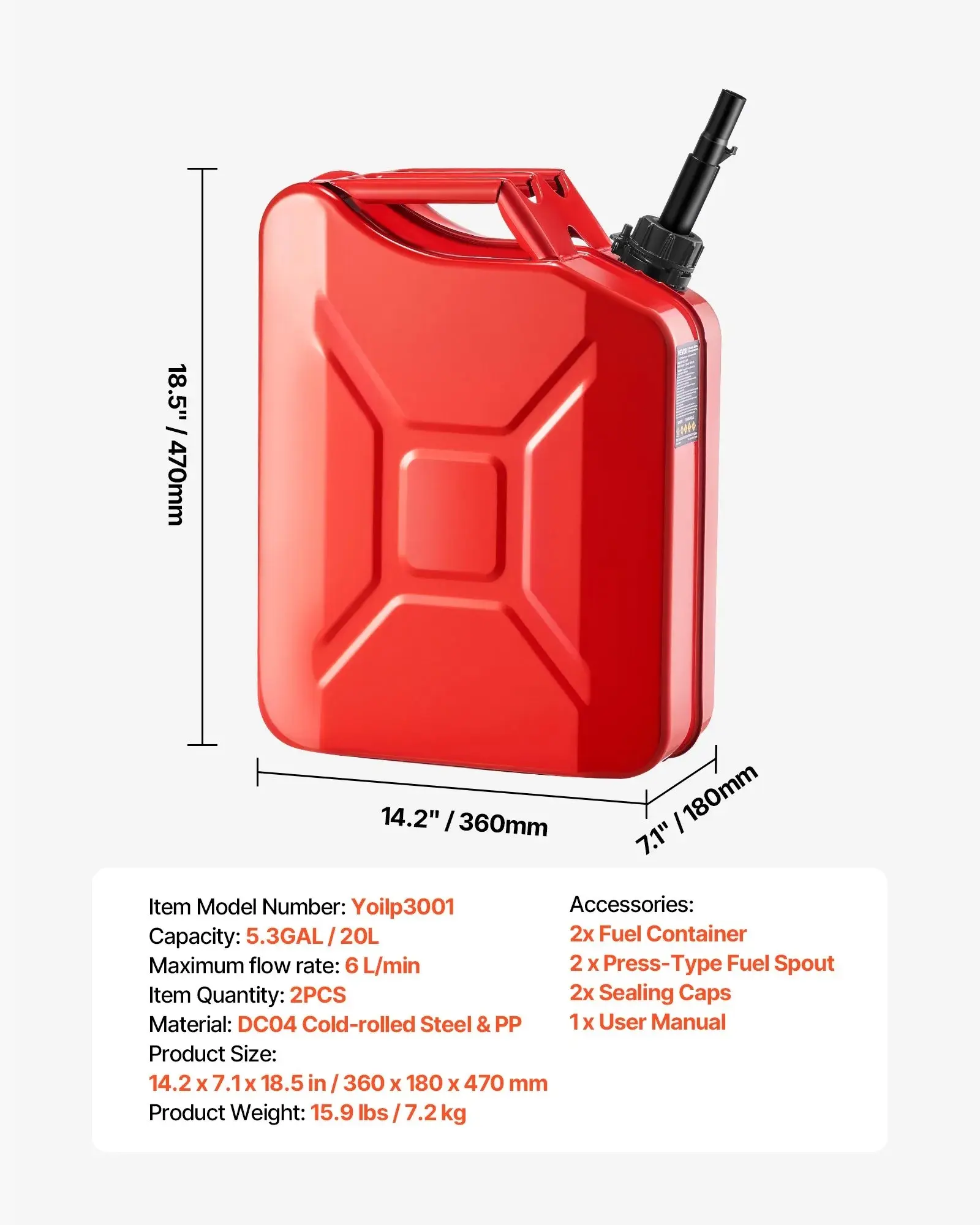 2 PC Jerry Fuel Can – 5.3 Gallon Metal Gas Tank with Spout & Handle, Leakproof, Corrosion-Resistant for Cars, Motorcycle, ATV & UTV