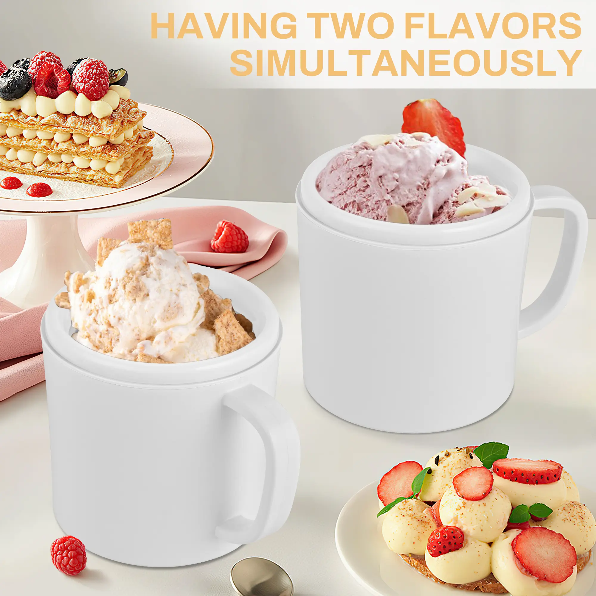 Ice Cream Maker Machine for Home Use with Two Ice Cream Bowls Simple Operation Easy to Clean White Easy Fast Use Perfect Dessert,The best Christmas New Year gift