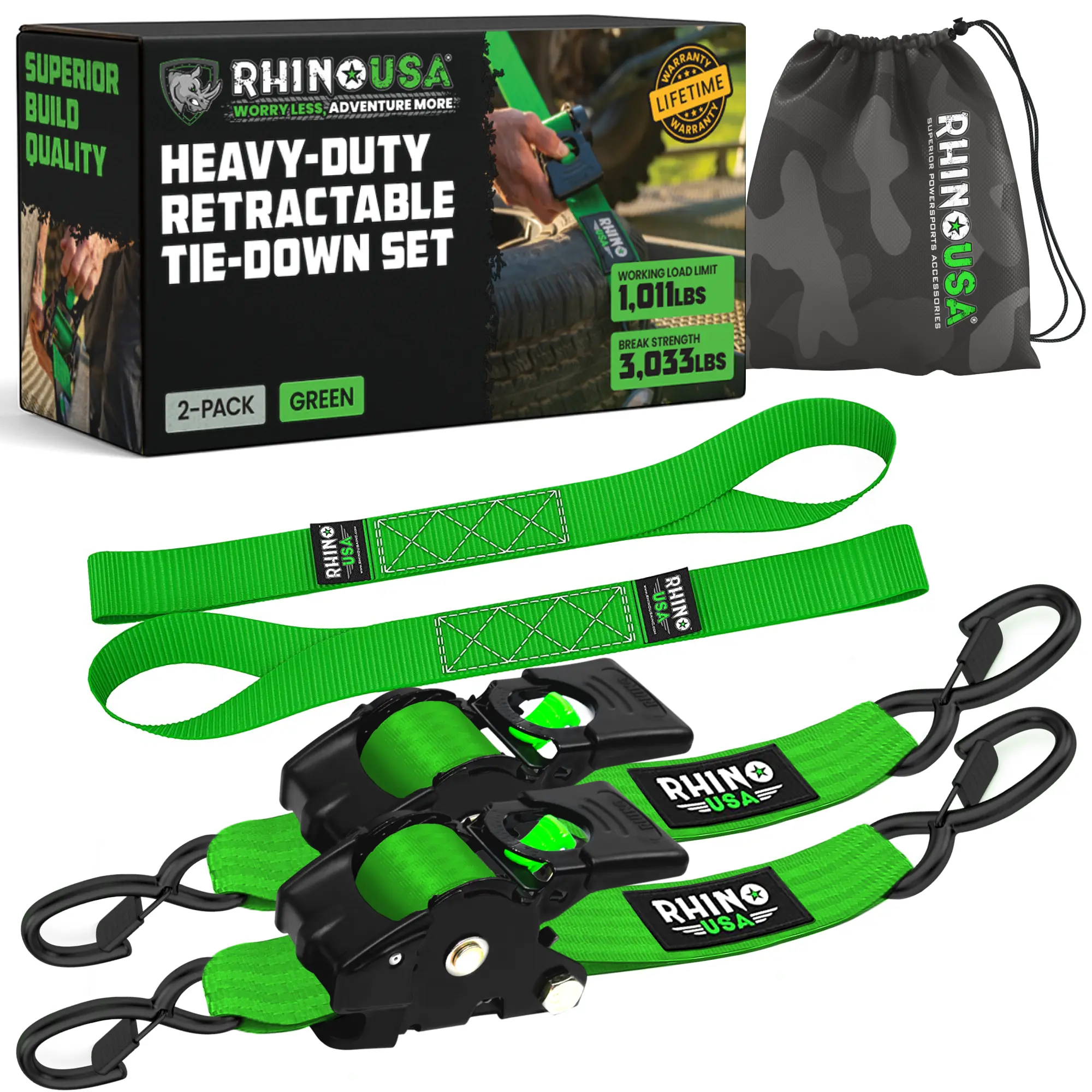 2" x 10' Retractable Ratchet Straps 2- or 4-Pack - (3,033lb Break Strength) - Heavy Duty Self Retracting Tie Down Straps for Truck, Cargo Trailer