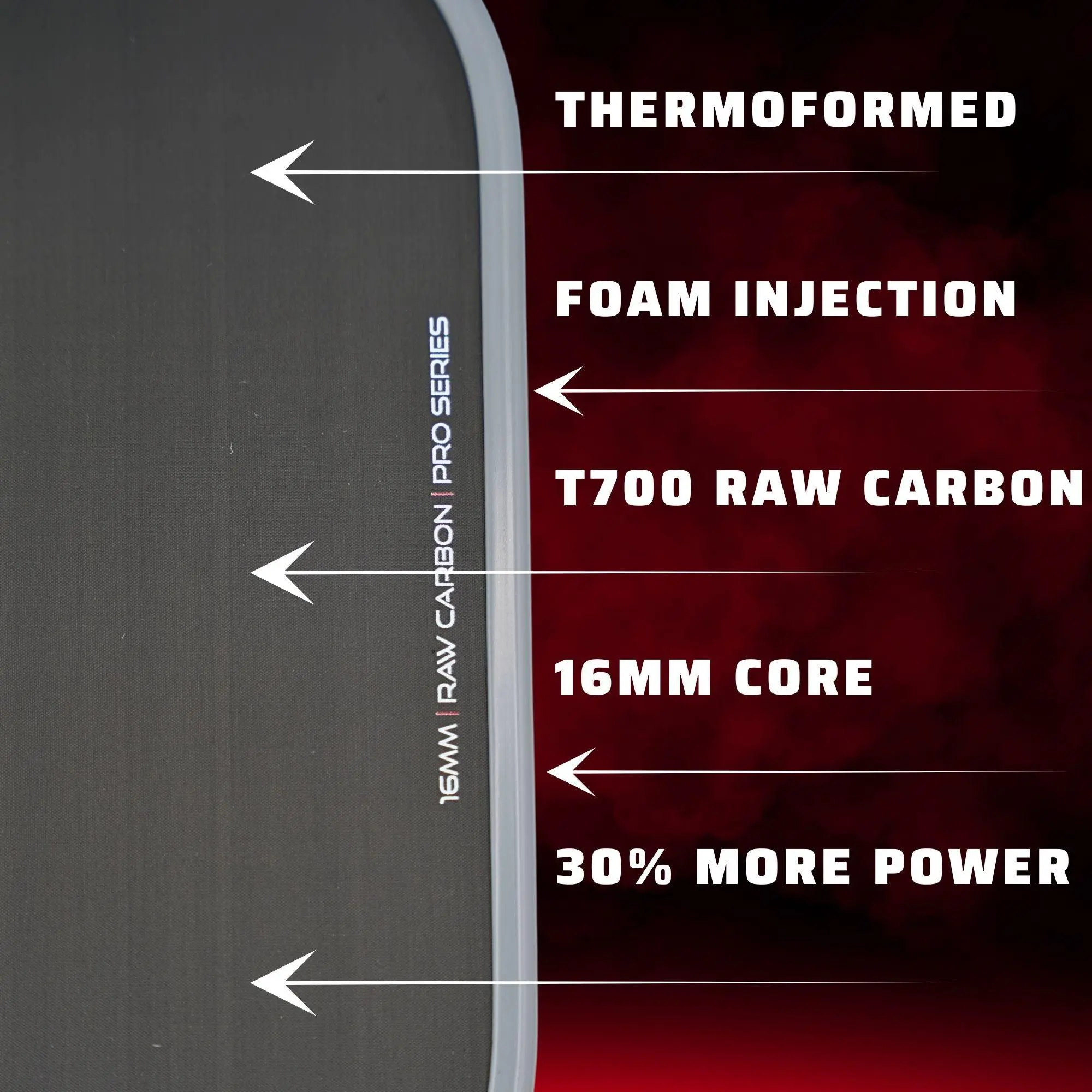 Raw Carbon Fiber Pickleball Paddle - 16MM - USA Pickleball Approved - Honeycomb Core - Power & Control