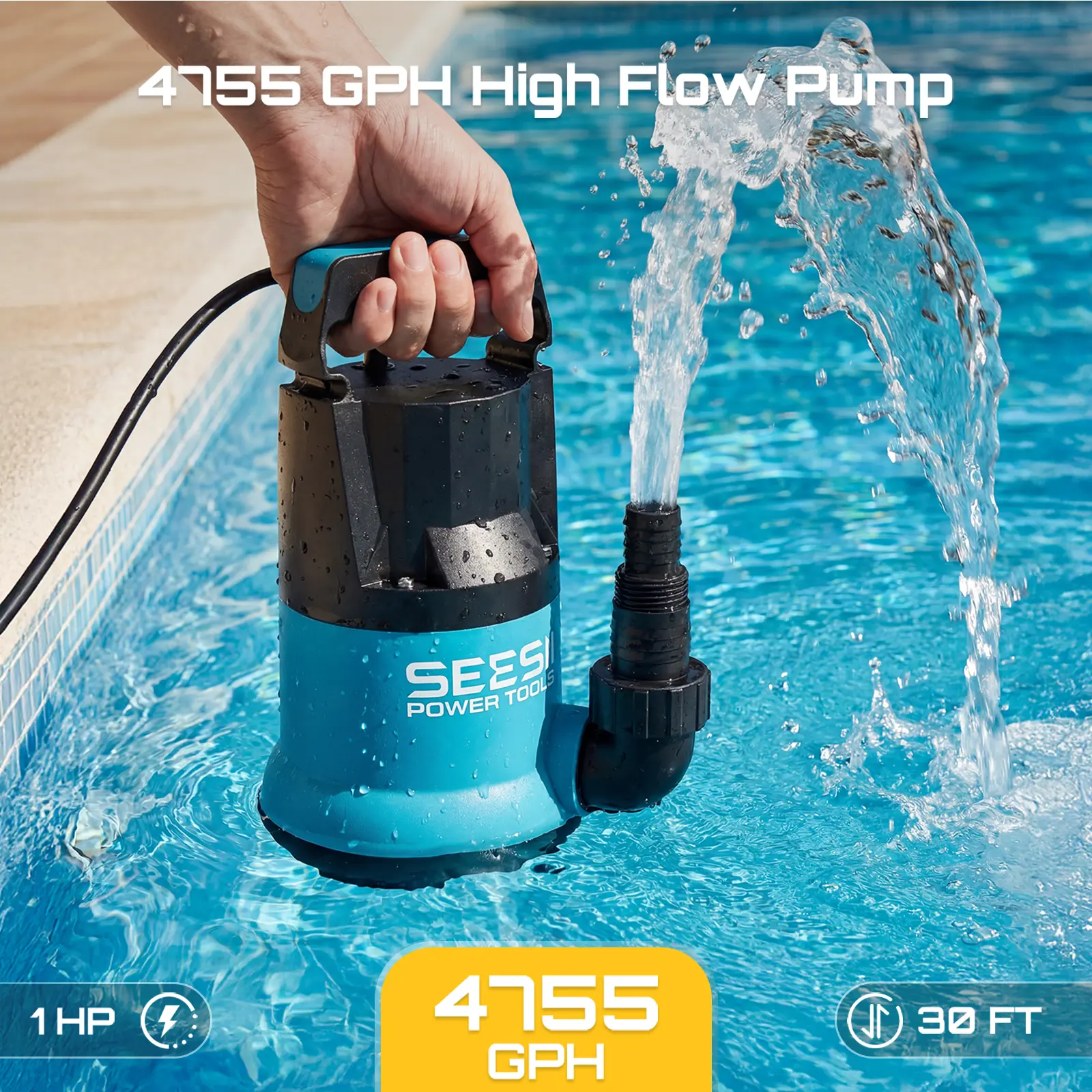 1HP Submersible Water Pump, 4755GPH High Flow Sump Pump with 23ft Hose Kit, Anti-Clogging Filter Net for Swimming Pool Hot Tub Pond Basement Rooftop Garden Water Removal fathersdaygift
