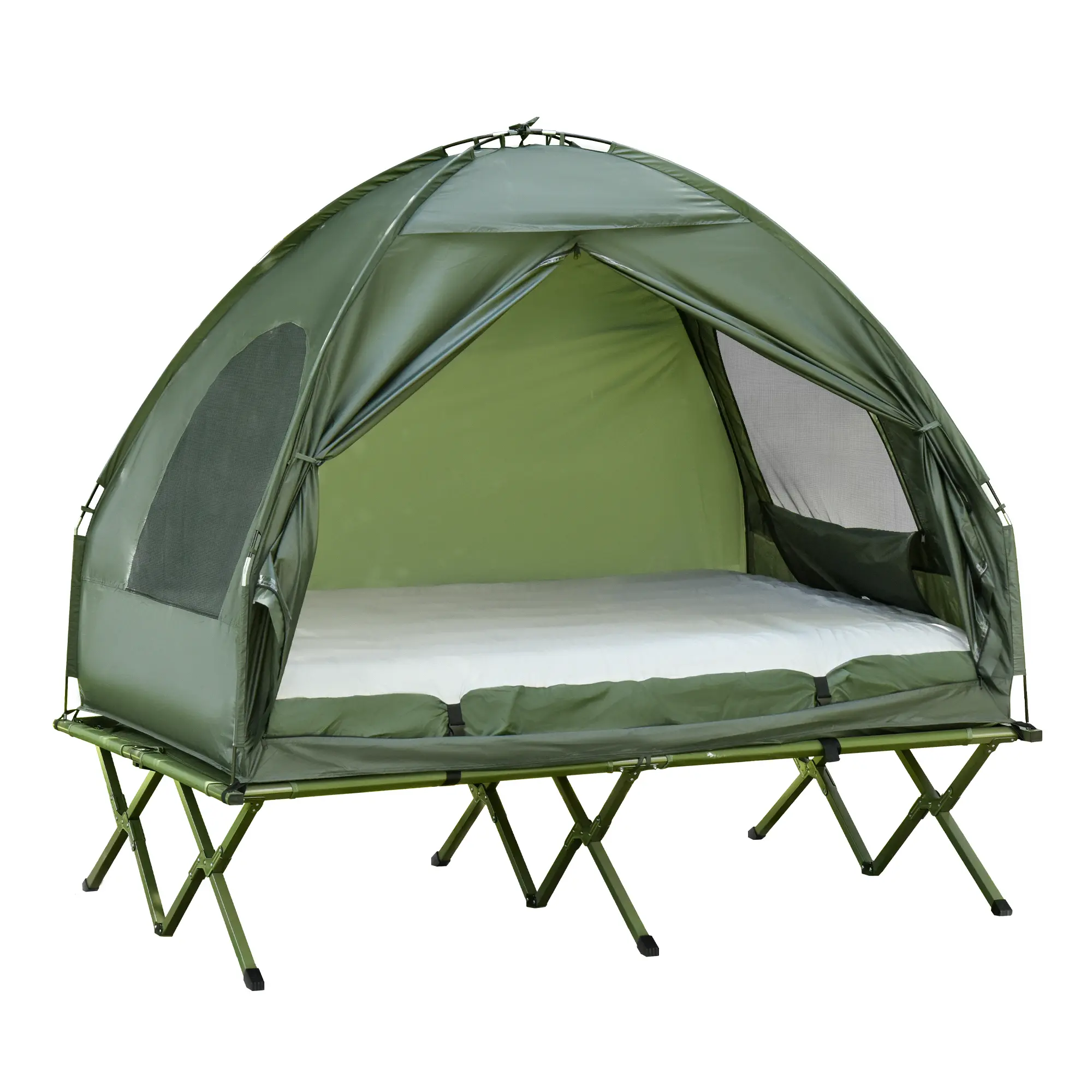 Summervibes 1/2 Person Foldable Camping Cot with Tent, Bedspread, Thick Air Mattress, 4-In-1 Elevated Camping Bed for Outdoor Hiking, Picnic, Travel