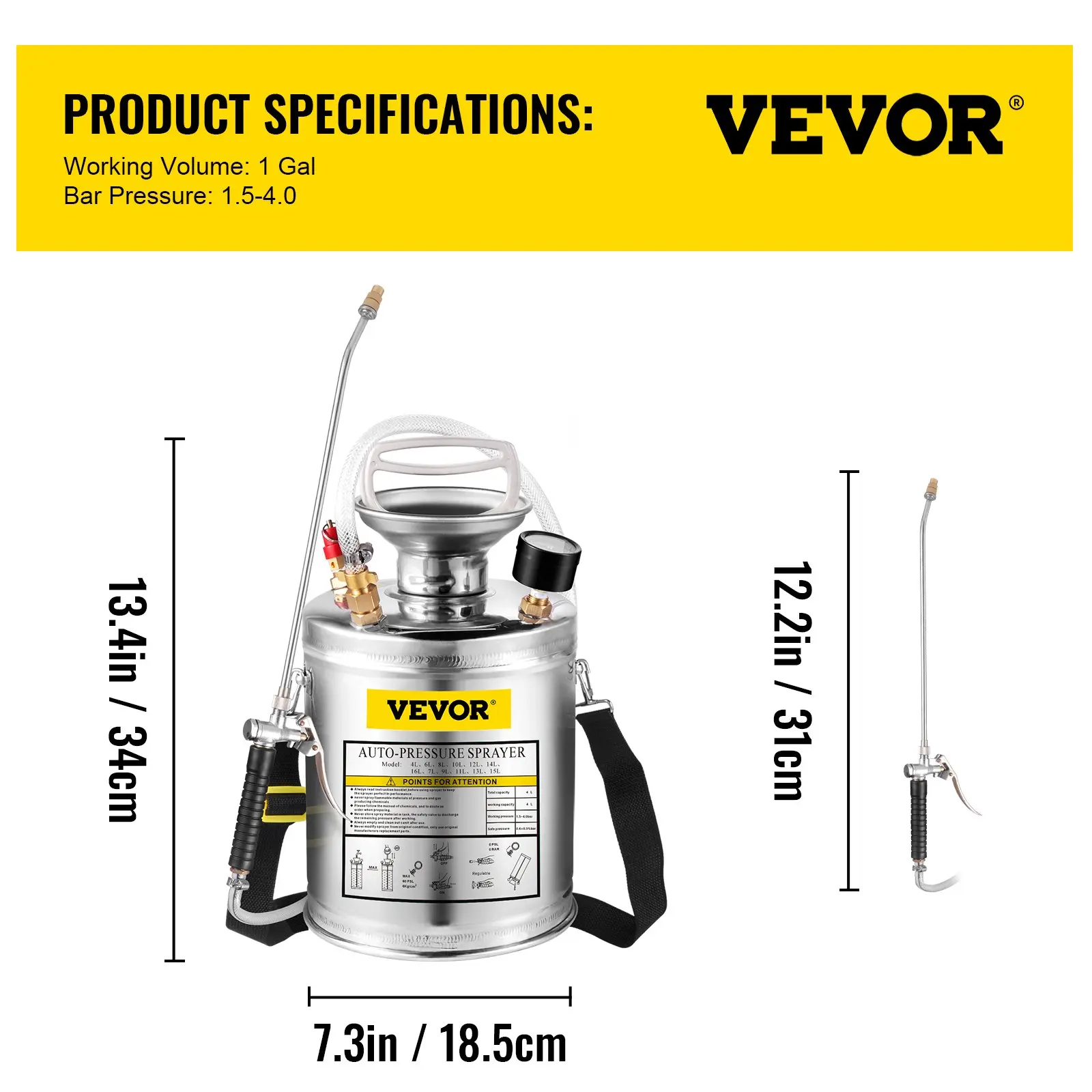 Stainless Steel High Pressure Hand Pump SprayerSet with WandHandle & Reinforced HosePressure GaugeSafety Valvey