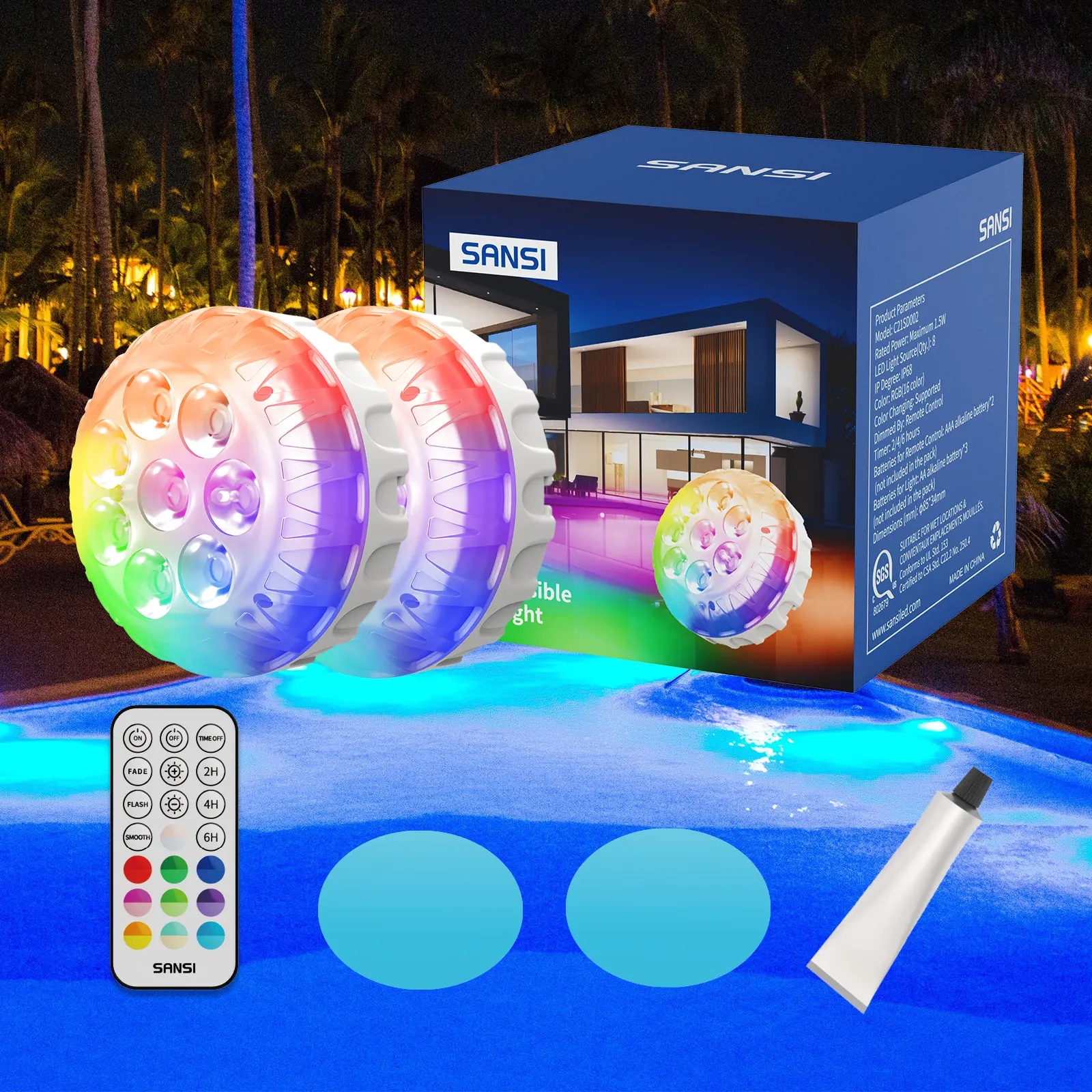 RGB Pool Lights with RF Remote & Timer – Waterproof, Battery Operated, Flash/Fade/Smooth Modes, Magnetic & Suction Installation – Portable for Showers, Pools, Outdoors – Perfect for Garden SummerVibes