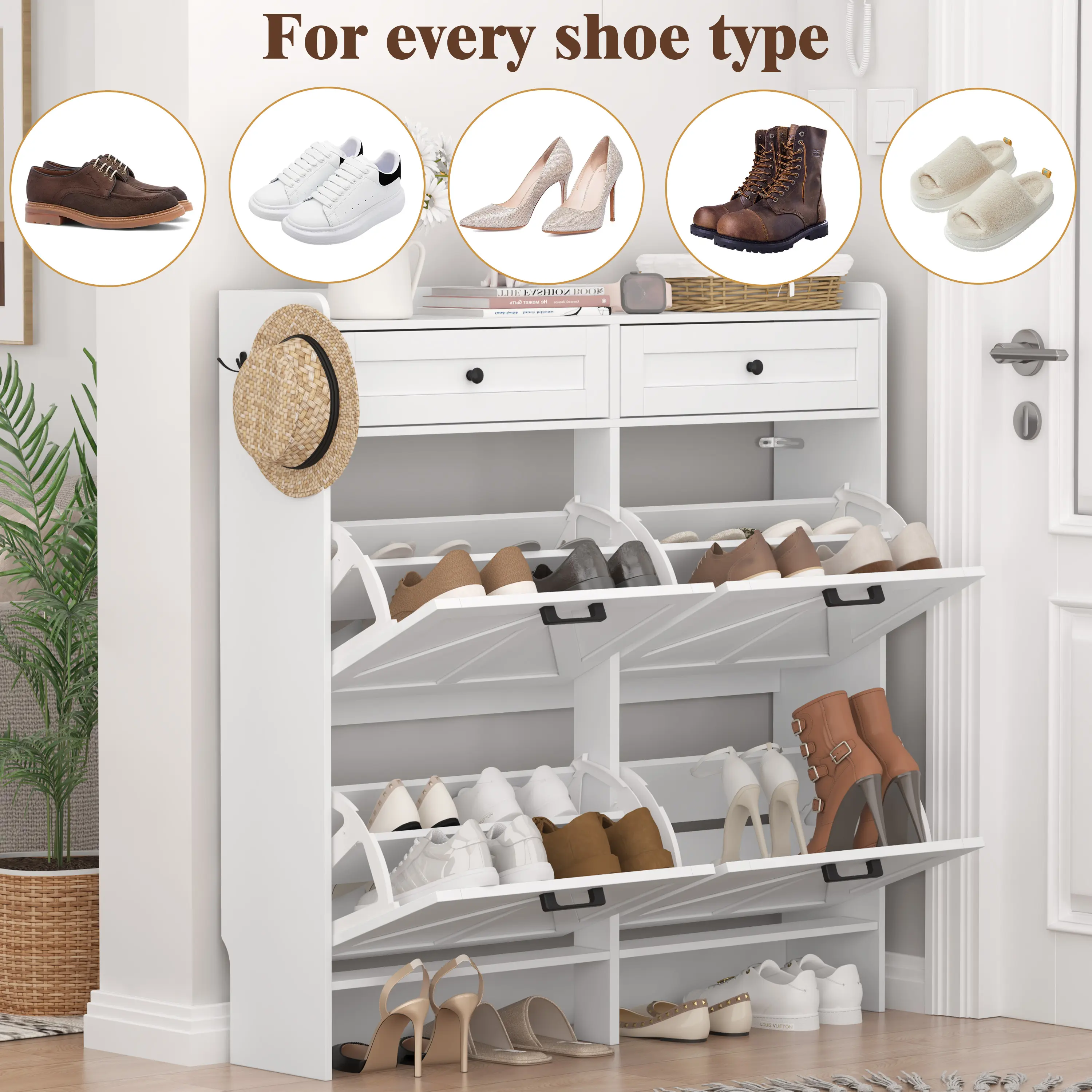 Shoe Storage Cabinet for Entryway, Farmhouse Wide Shoe Cabinet with 4 Flip Drawers and 2 Top Drawers, Freestanding Organizer with Adjustable Shelves, Hooks