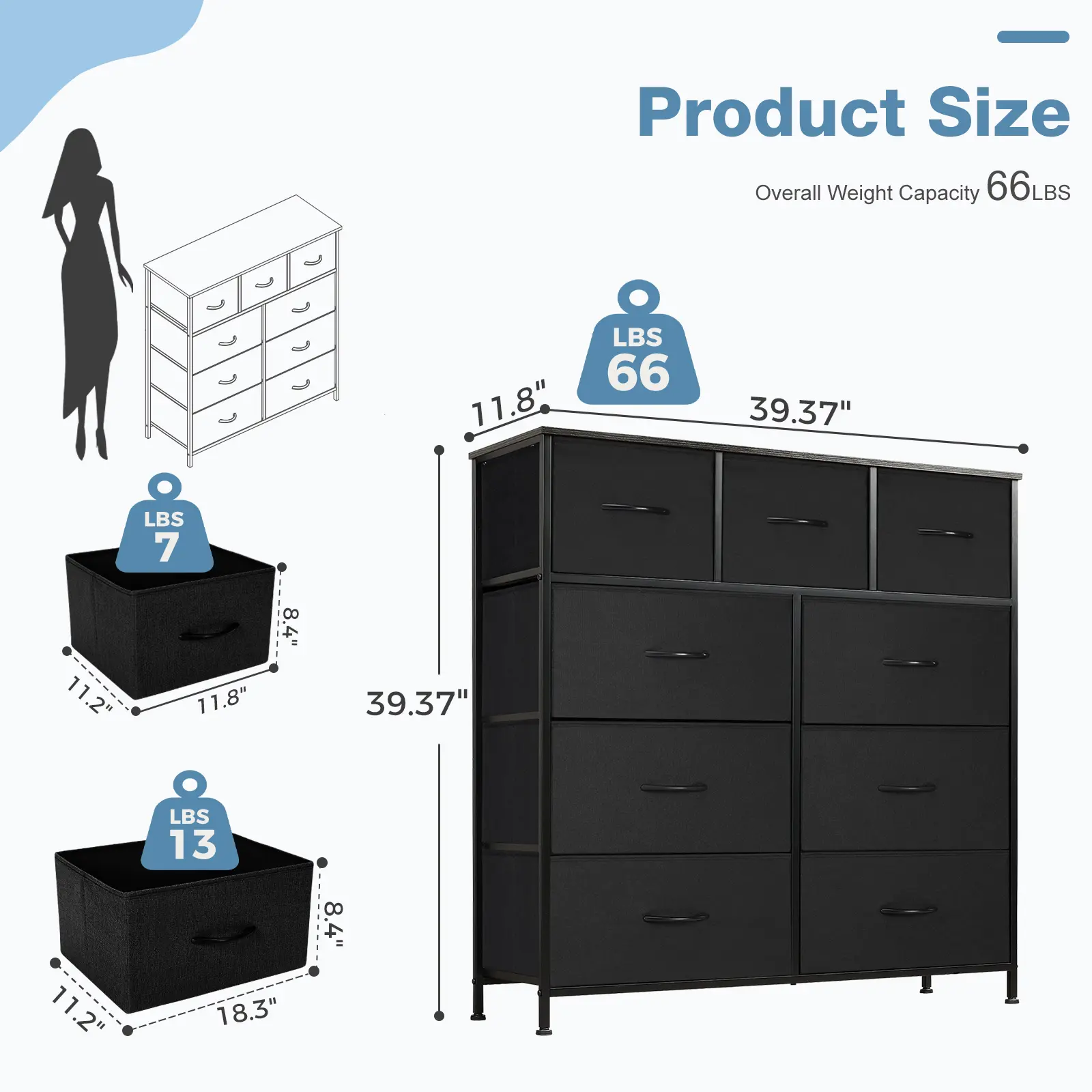 9 Drawers Dresser for Bedroom, Storage Drawers, Fabric Storage Tower Chest of Drawers with Fabric Bins, Sturdy Metal Frame