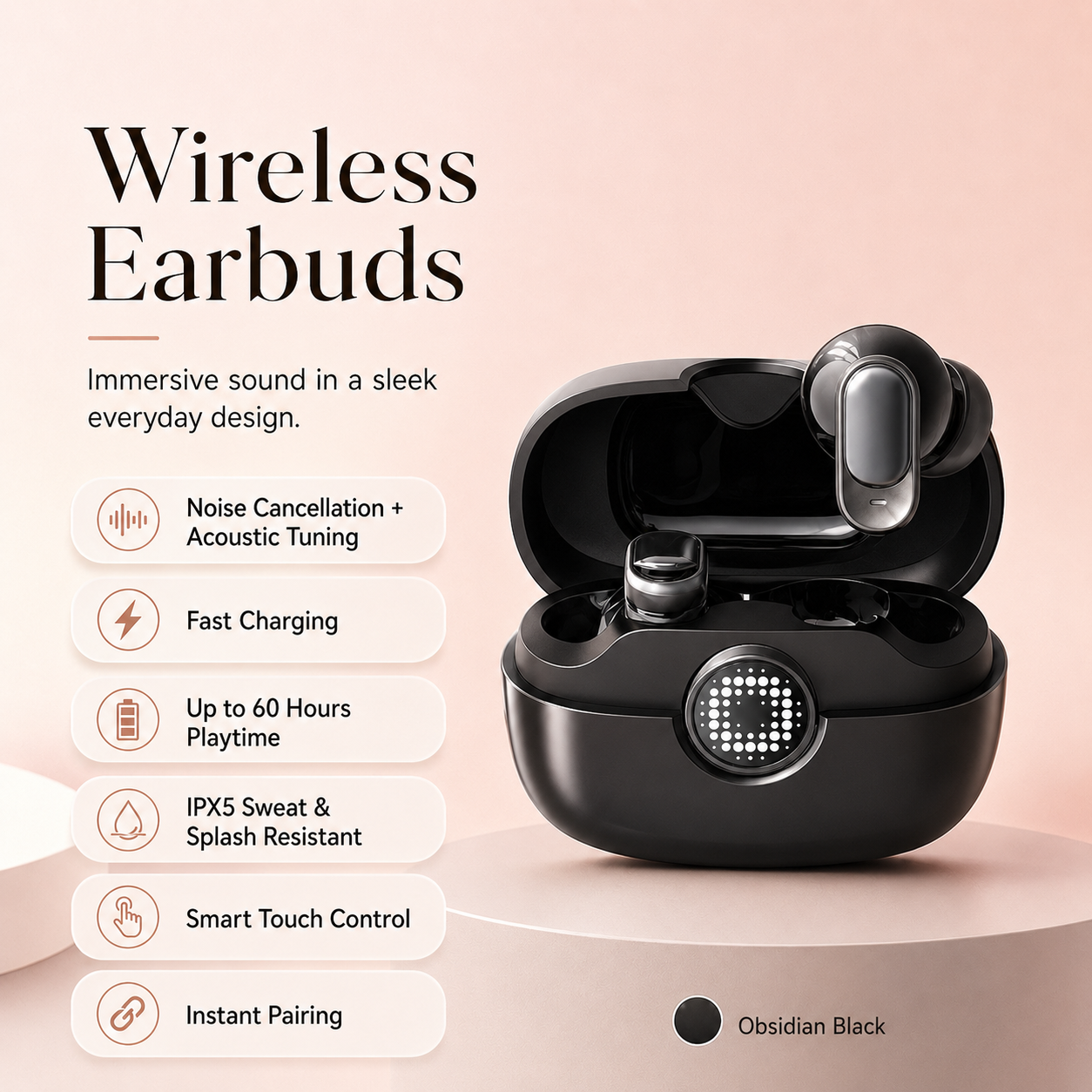 Wireless Waterproof Earbuds with Noise Reduction & 60H Playtime
