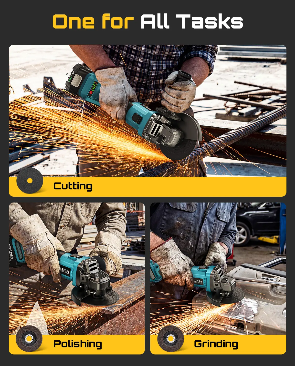 Cordless Angle Grinder Kit – Brushless 10,000RPM, 2x4.0Ah Batteries, 4-1/2'' Cutting, Flap & Wool Wheels for Precision Grinding