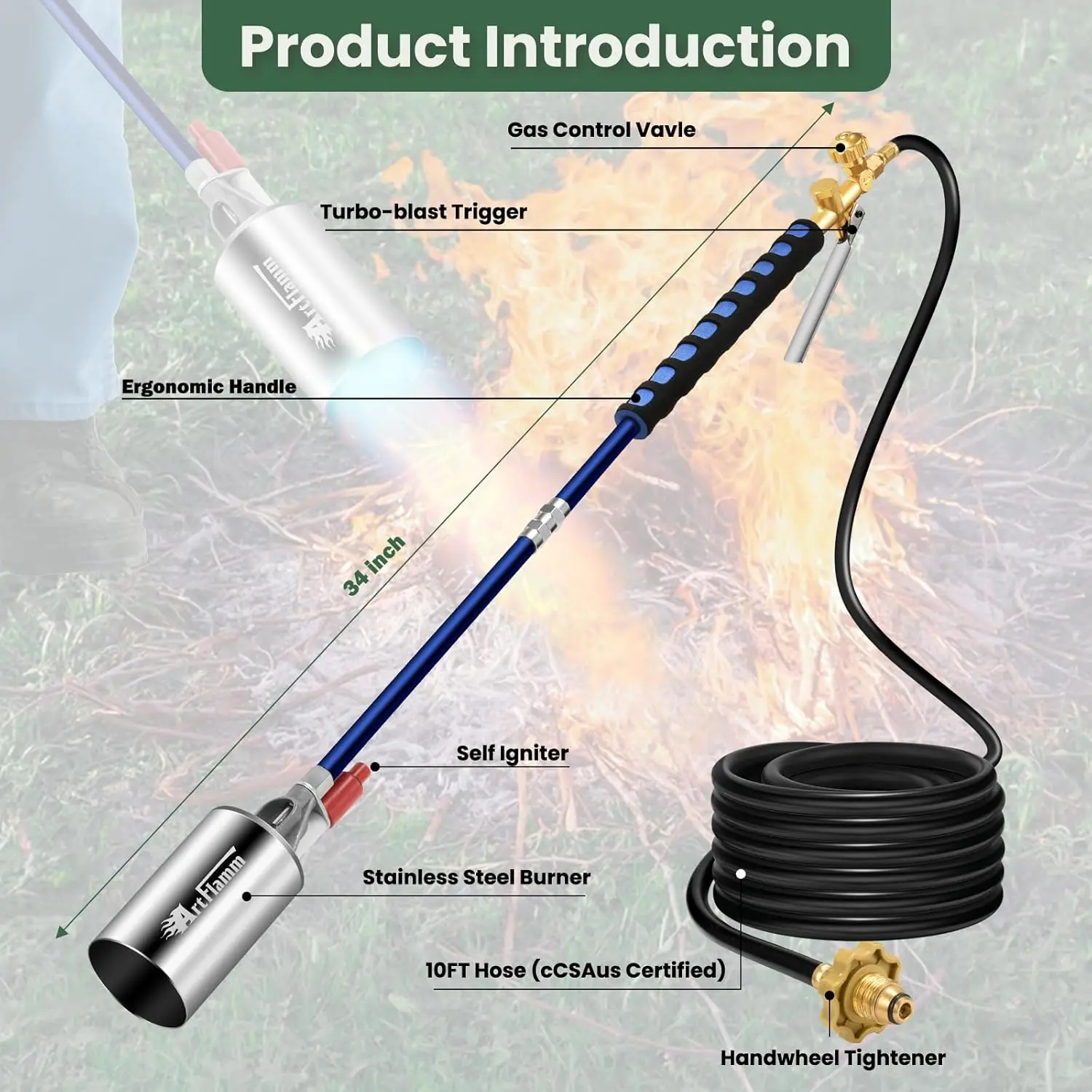 Propane Torch Weed Burner Kit with Storage Bag, Weed Torch with 10 FT Hose, Self Igniter Weed Flame Torch for Fire Pit, Roofing(Propane Tank Not Included)