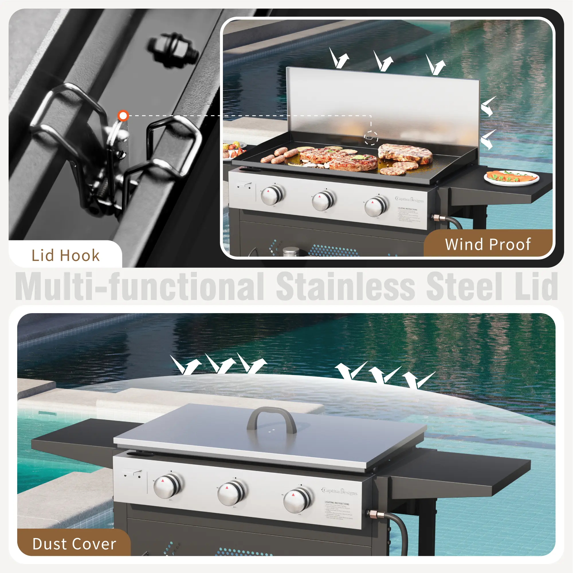 27 Inch Flat Top Grill with Ceramic Coated Cast Iron Pan, 3-Burner Propane Gas, Nonstick Design, Stainless Steel Barbecue Home Food Kitchenware