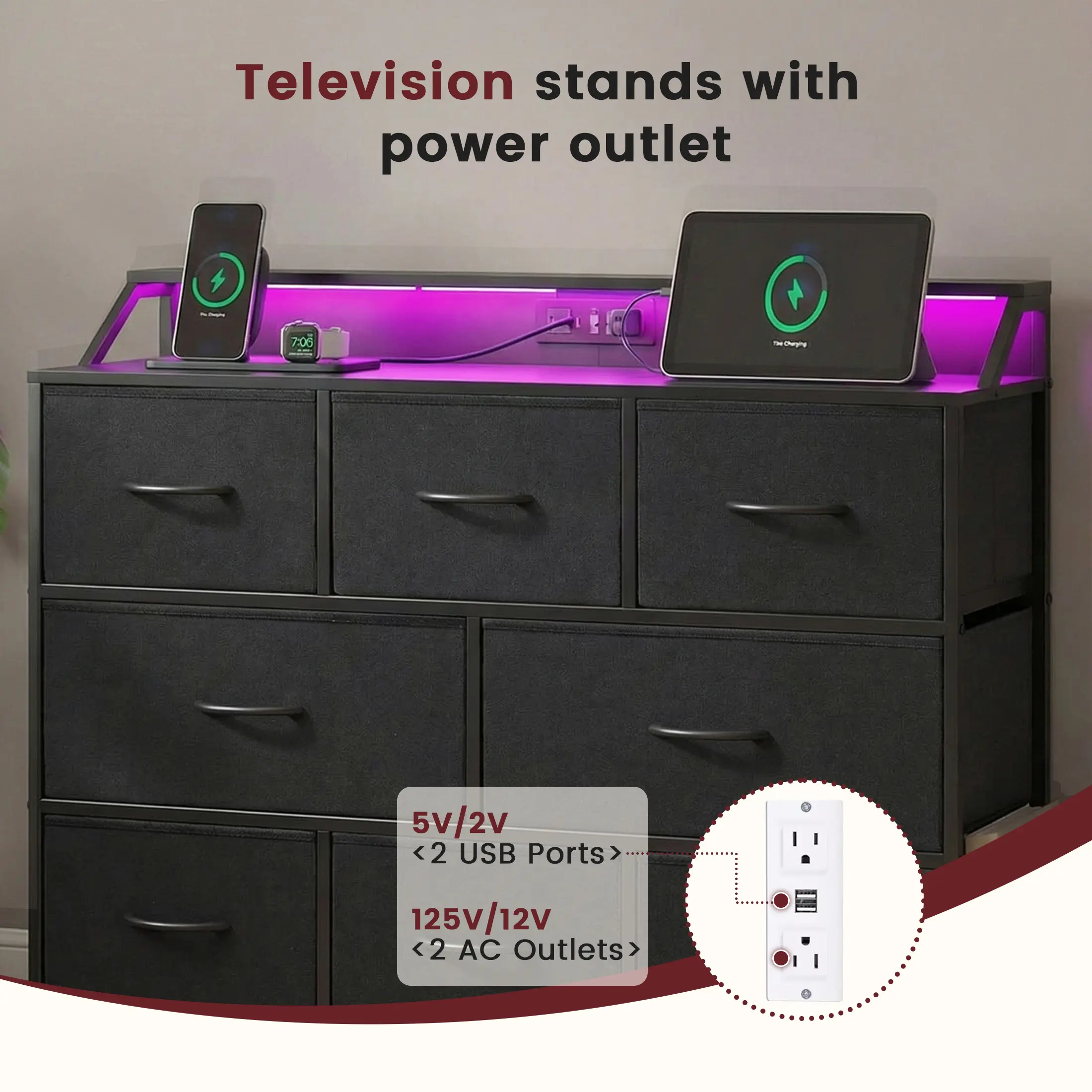 8-Drawer Storage Dresser – Modern TV Stand with Power Outlets, LED Lights & Multifunctional Storage Cabinet