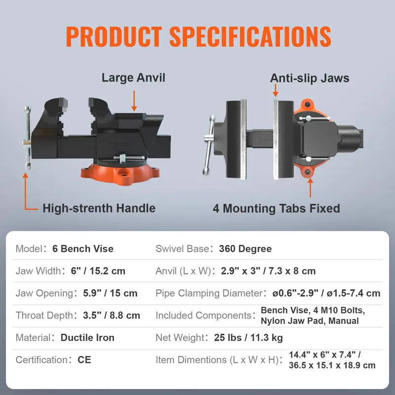 6.5" Jaw Width 6.5" Forward &9.3" Reverse Opening Bench Vise, 360-Degree Swivel Locking Base Multipurpose Workbench with Anvil