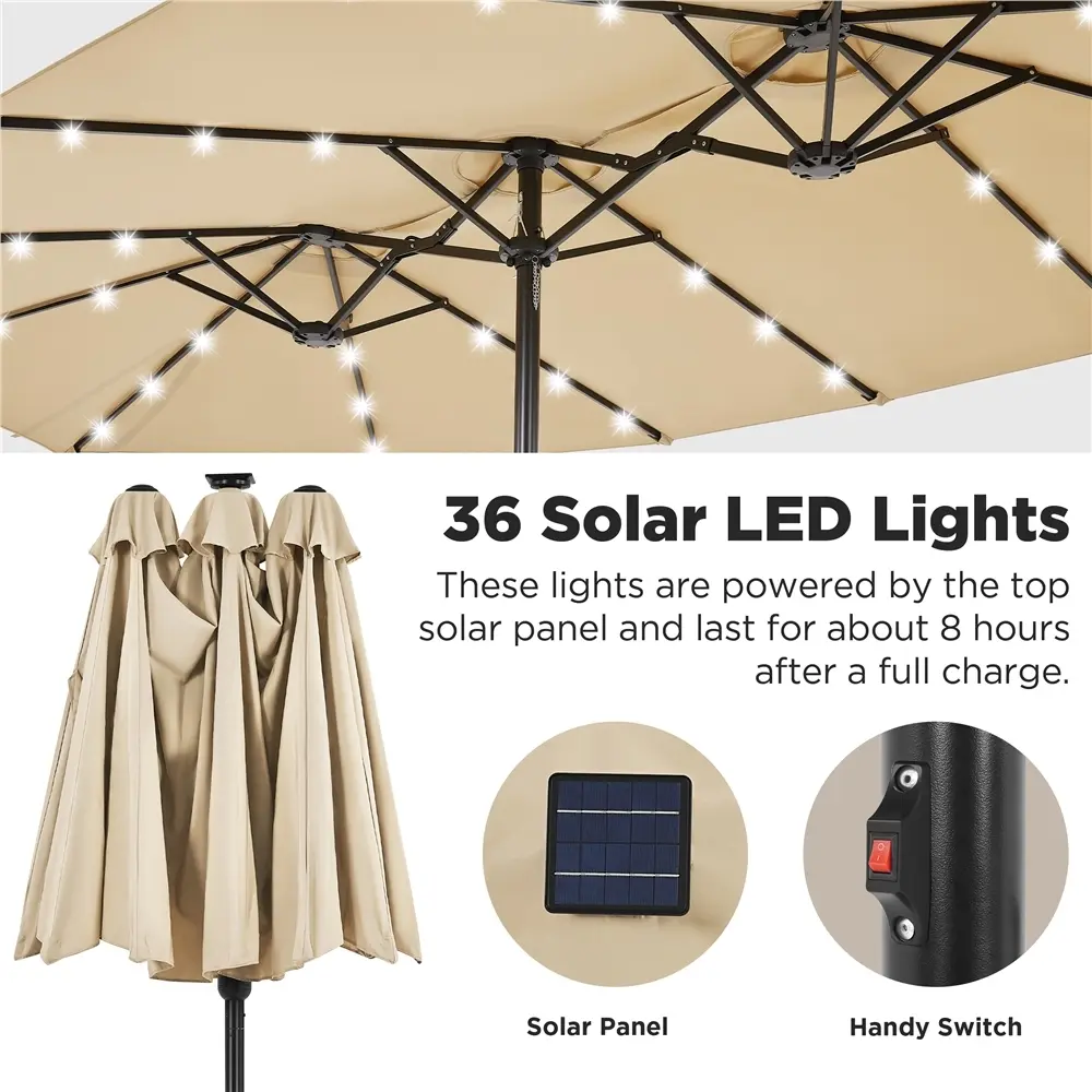 15FT Double-Sided Patio Umbrella – Large Outdoor Shade with 36 LED Lights, Crank System & Base Included for Patio, Pool & Backyard