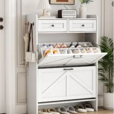 Shoe Storage Cabinet for Entryway, Farmhouse Wide Shoe Cabinet with 4 Flip Drawers and 2 Top Drawers, Freestanding Organizer with Adjustable Shelves, Hooks