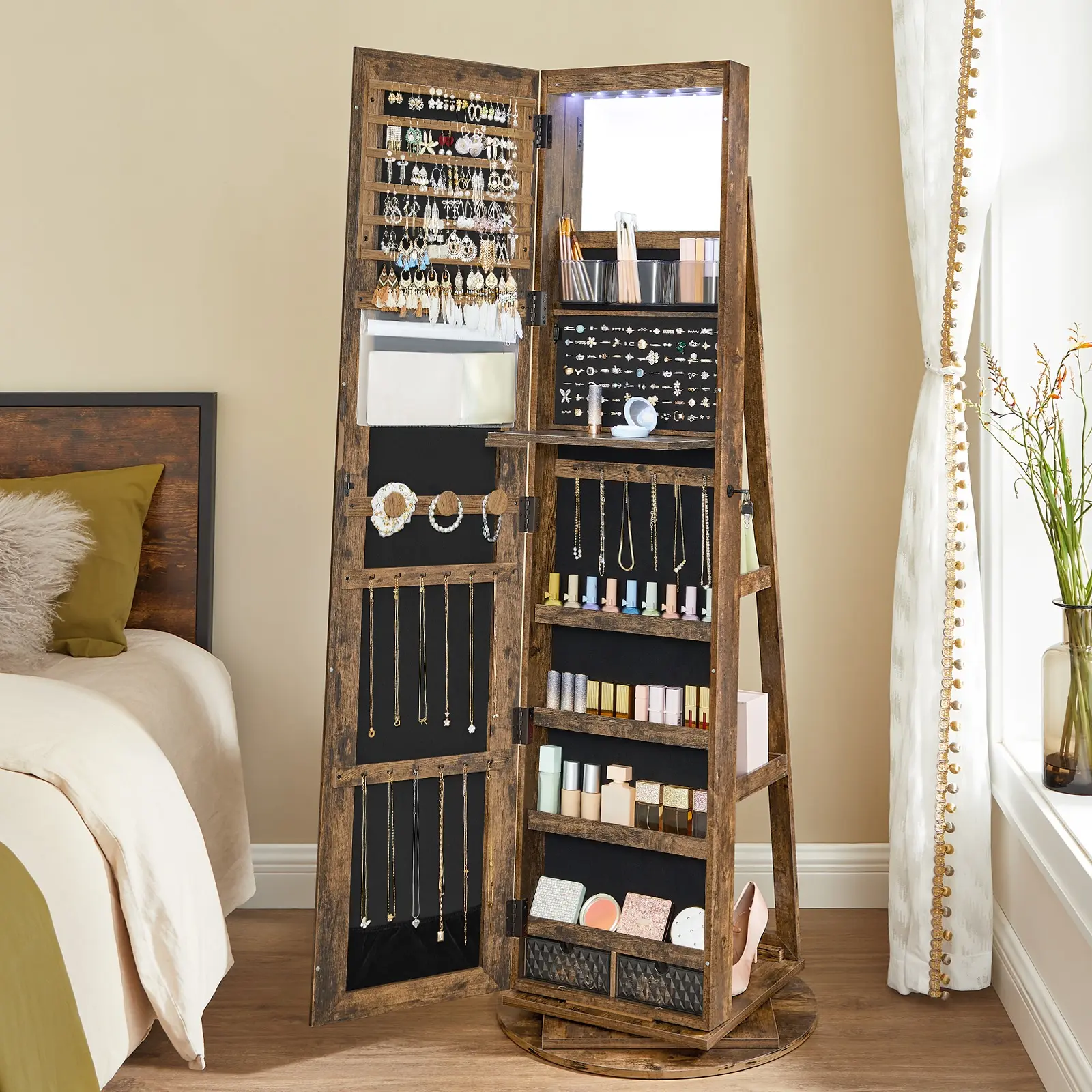 LED Lockable Jewelry Cabinet – Standing Armoire with Frameless Full-Length Mirror & 3 Storage Shelves