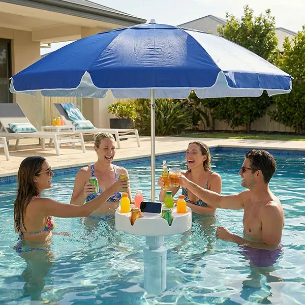 Floating Pool Umbrella with Bar and Base, Portable Pool Bar Table Umbrellas with Cup Holder & Phone Stand, Floating Poolside Shade, Included Easy Carry Bag, for Inside of Pool, Swimming Area, Lake House, Beach, #Summervibes
