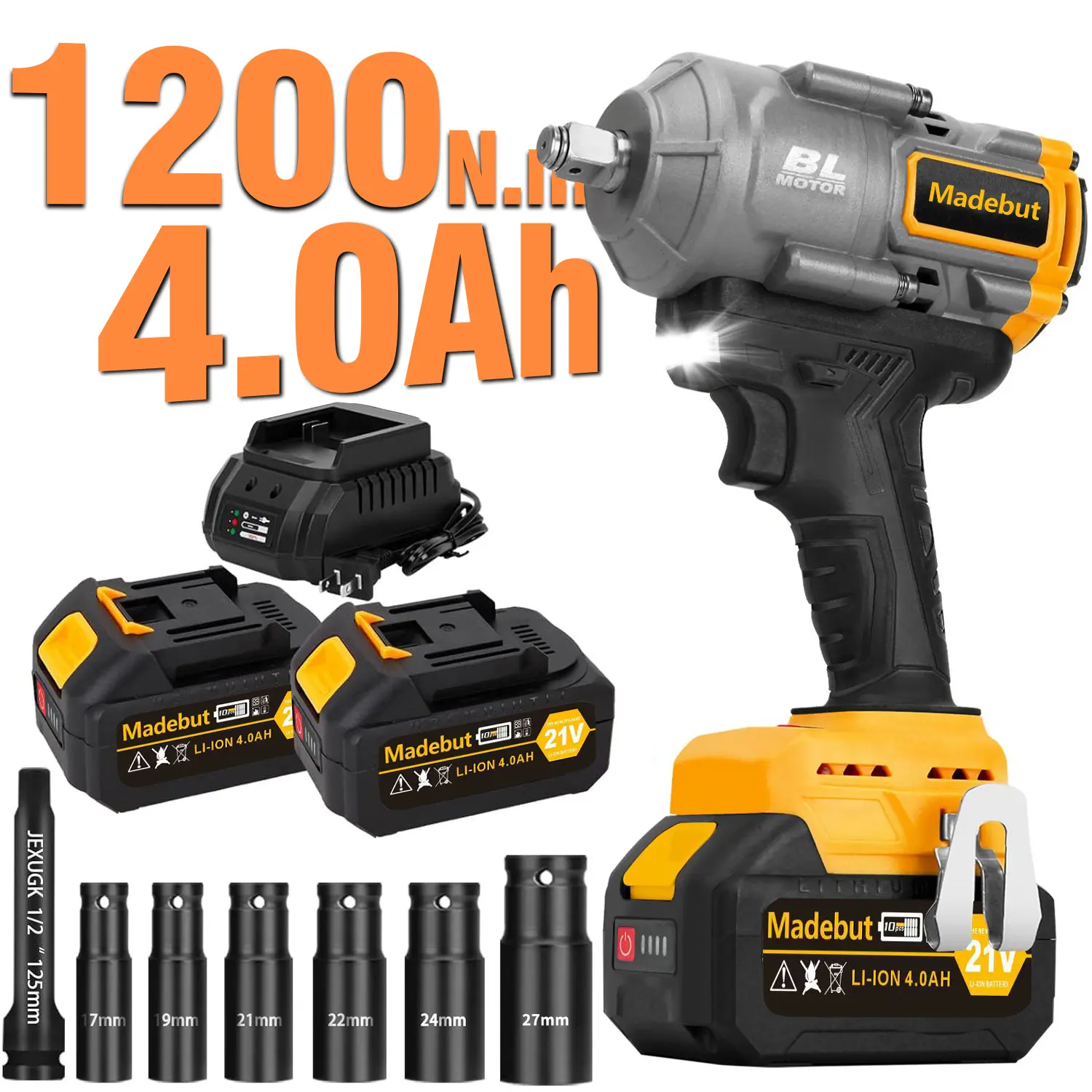 1000N.m Cordless Impact Wrench,All-Metal Cordless Impact Gun with 2 * 4.0Mah, 3-IN-1 Electric Impact Wrench