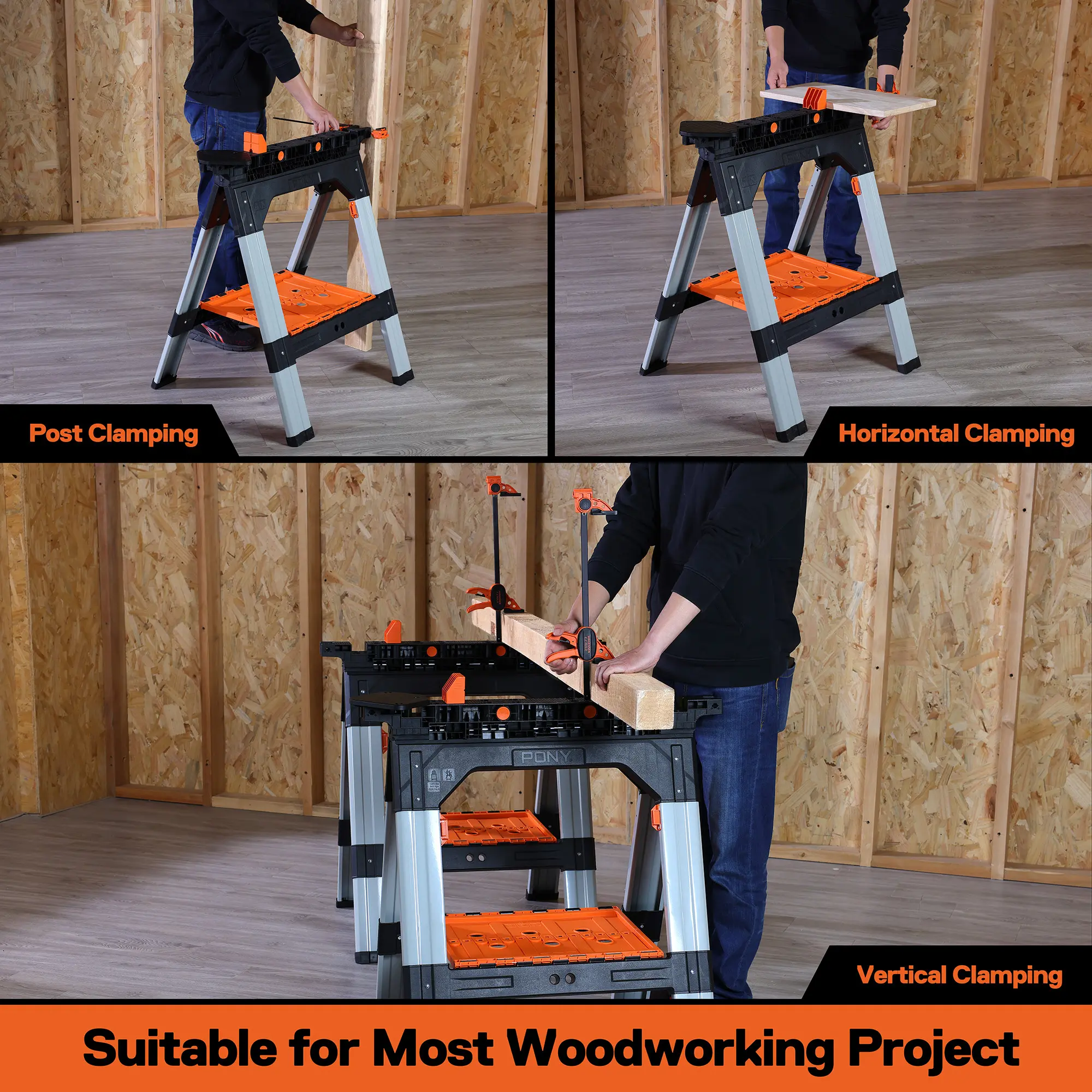 2-Pack Clamping Sawhorses, 1200 LBS Load Capacity, 30-3/4" Folding Sawhorse with 12” F Clamps, Bench Dogs, Angle Clamps, 2" Spring Clamps, Steel Legs, Heavy Duty for Woodworking