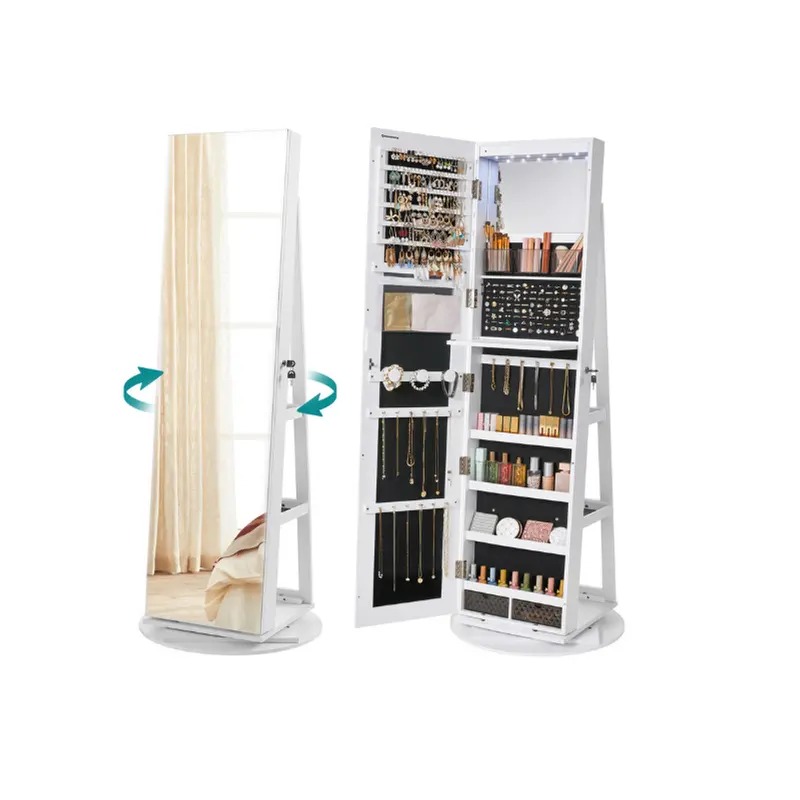 LED Lockable Jewelry Cabinet – Standing Armoire with Frameless Full-Length Mirror & 3 Storage Shelves