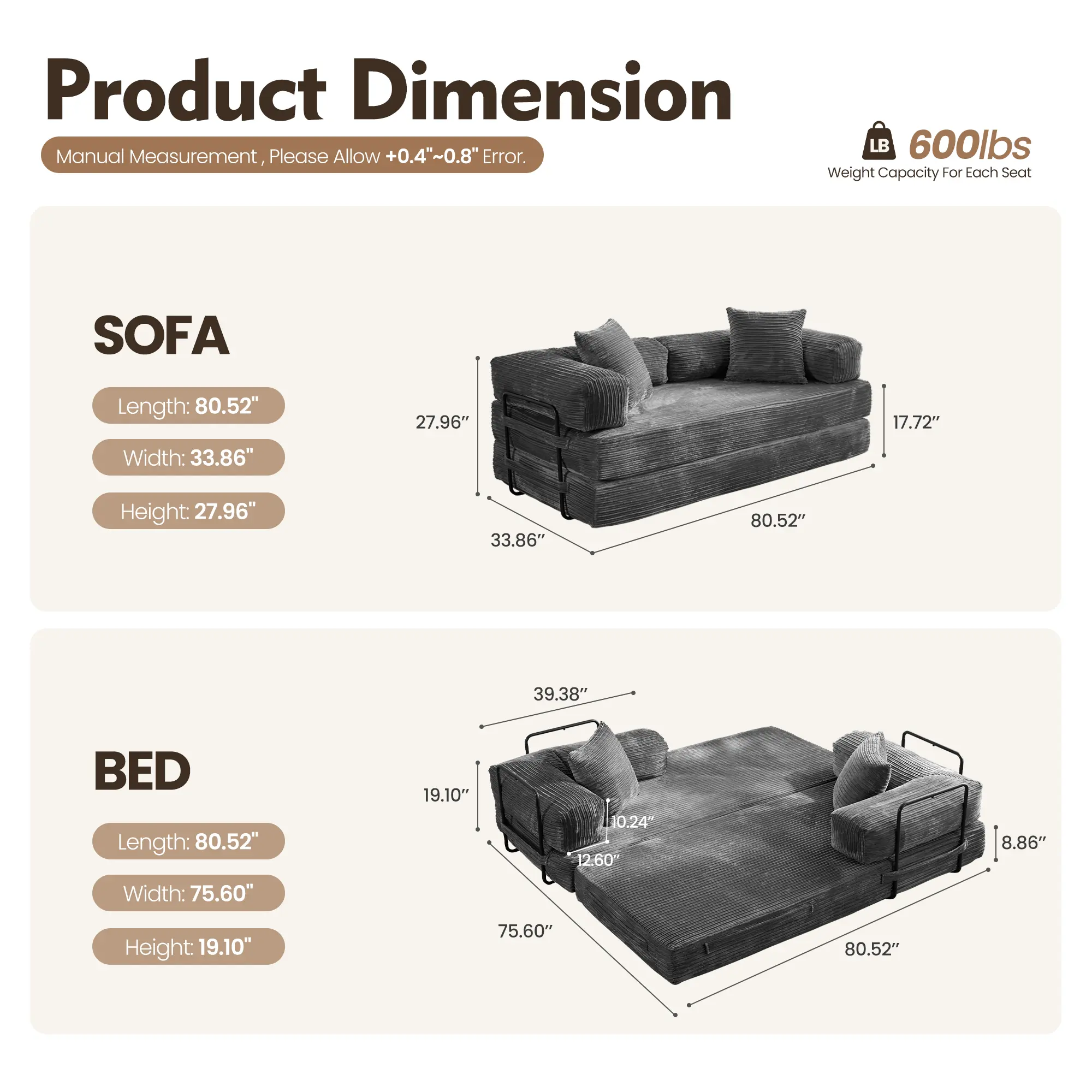 80"Oversized Boneless Couch, 5-in-1 Convertible Sleeper Sofa Bed, Deep Seat Corduroy Modular Floor Sofa, Foldable Pull-Out Couch for Living Room, Apartment,No Assembly
