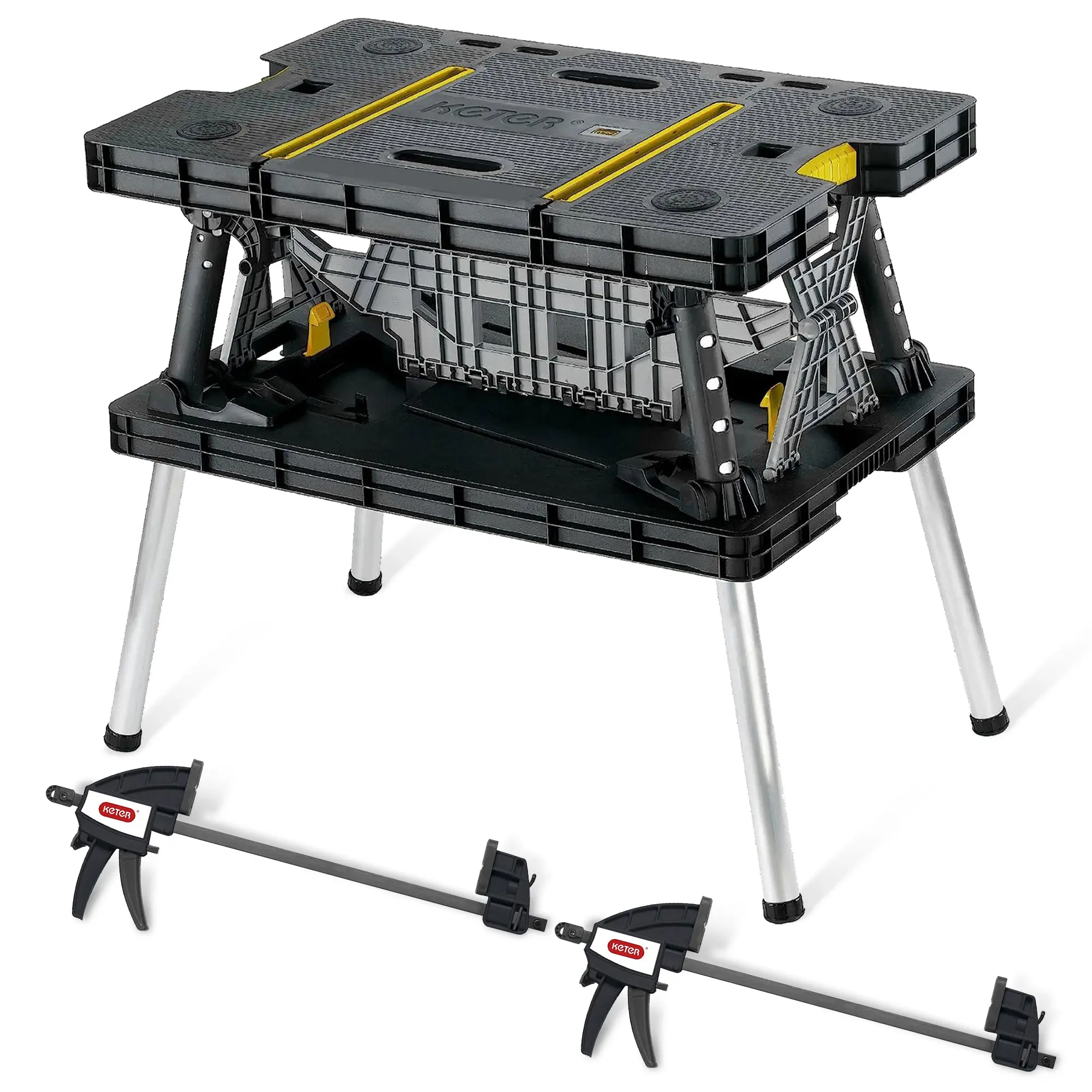 Heavy-Duty Portable Folding Table — Multifunctional Workbench with 12-Inch Clamps, Tool Storage, and Saw Stand