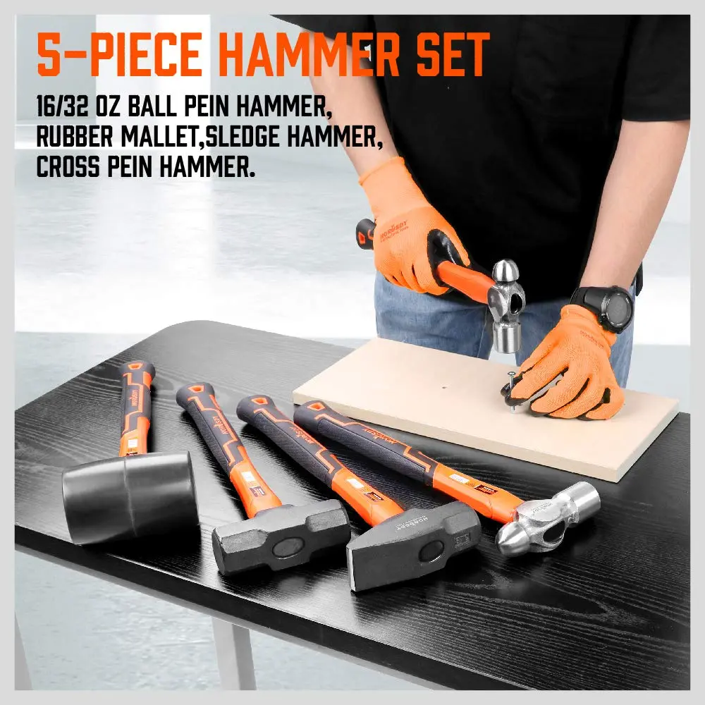 5-Piece Hammer Set, 16oz Ball Pein Hammer | 32oz Ball Pein Hammer | 32oz Rubber Mallet | 3lb Sledge Hammer | 3lbCross Peen Hammer