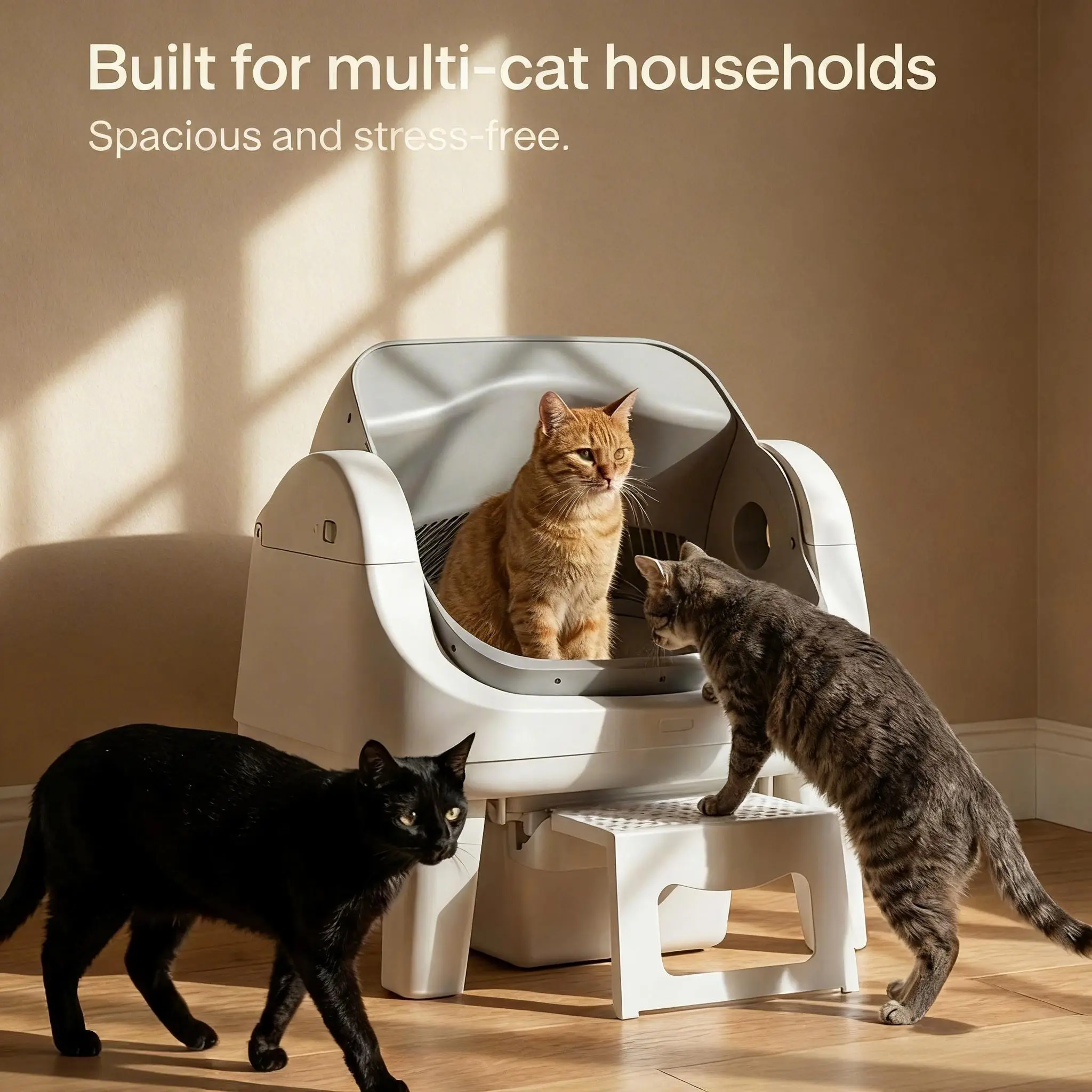 Open Top Self Cleaning Cat Litter Box, Automatic Litter Box with 7 Pairs of Safety Sensors, Anti-Pinch Protection, Easy Access Step for Senior Cats