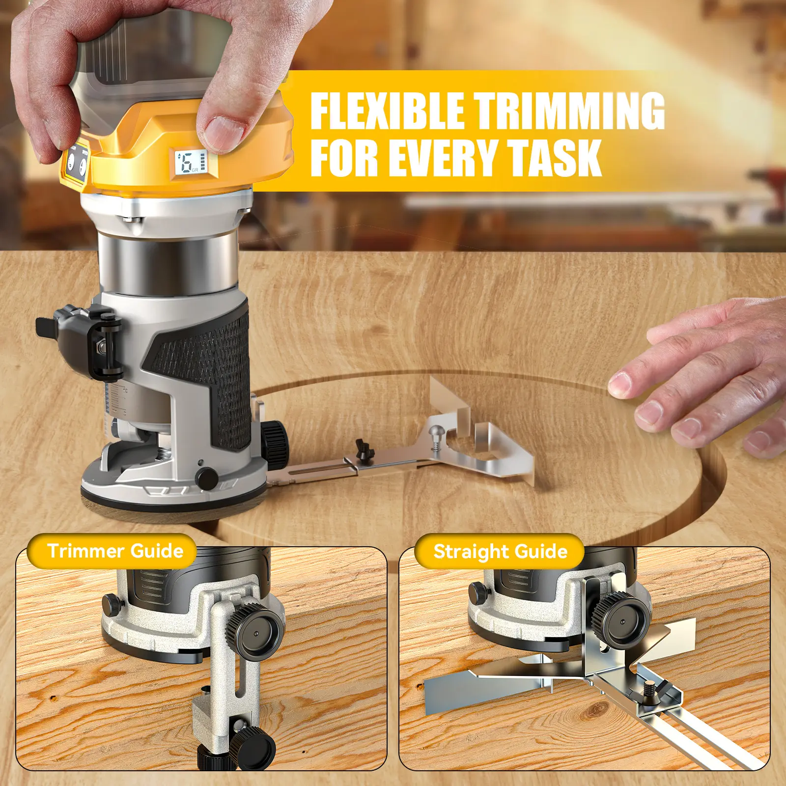 800W Cordless Compact Router for  20V Battery, Battery NOT Included, 6 Variable Speeds Router Tool for Woodworking, 30,000 RPM Fixed Base Wood Router with Trim Router Bits, Edge & Roller Guide, Dust Hood