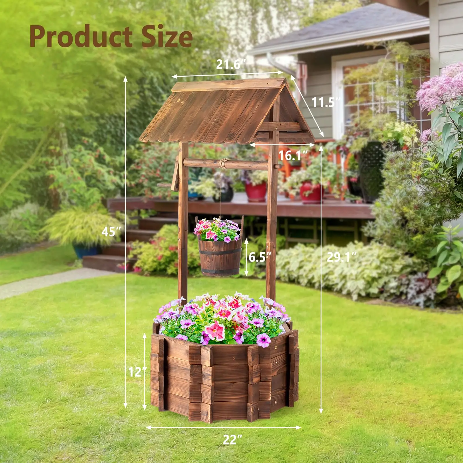 Wooden Wishing Well Planter – Rustic Outdoor Garden Decor with Hanging Bucket & Adjustable Height Rods