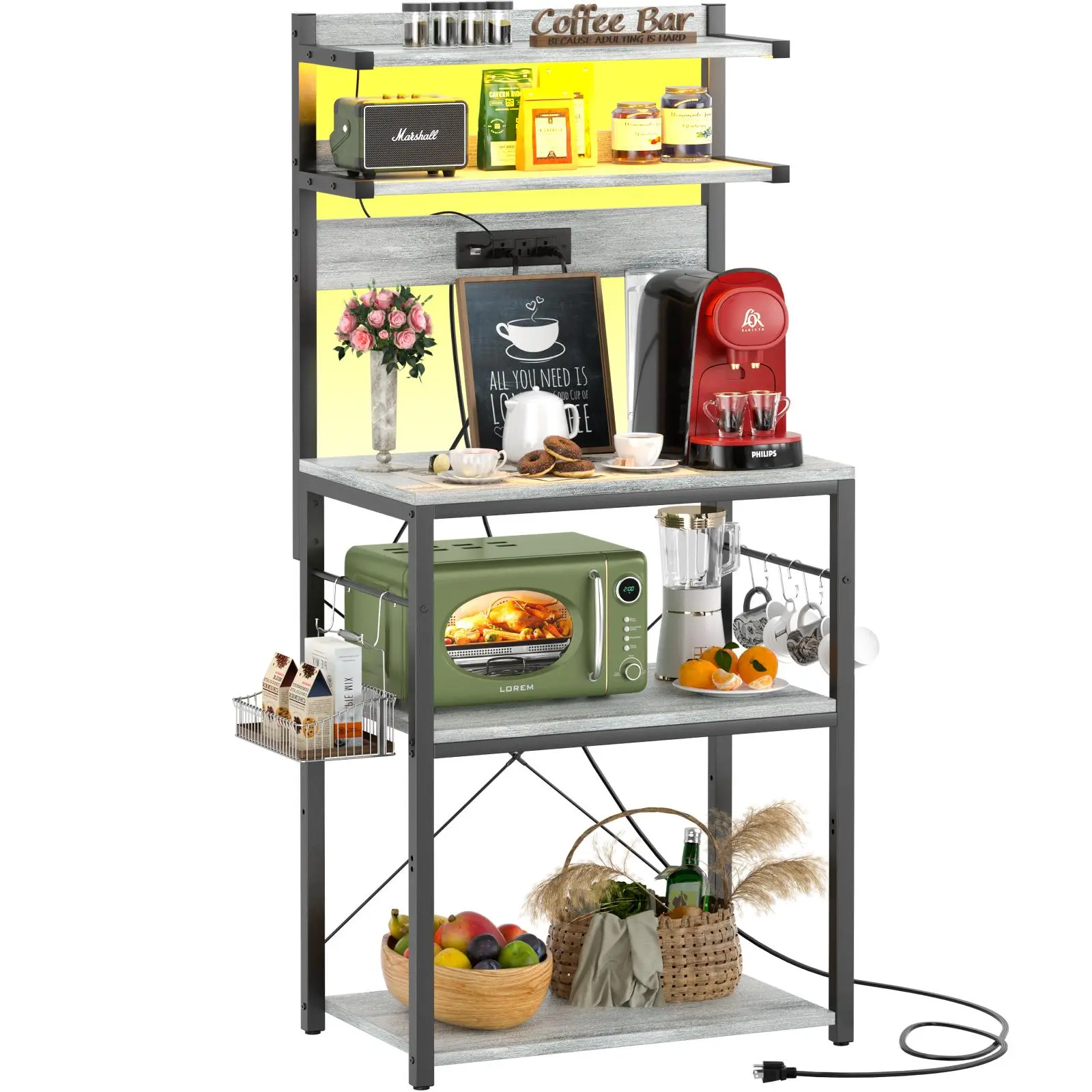 Bakers Rack with Power Outlet – 5-Tier Kitchen Storage Shelf with LED Lights, Microwave Stand & Coffee Bar Station