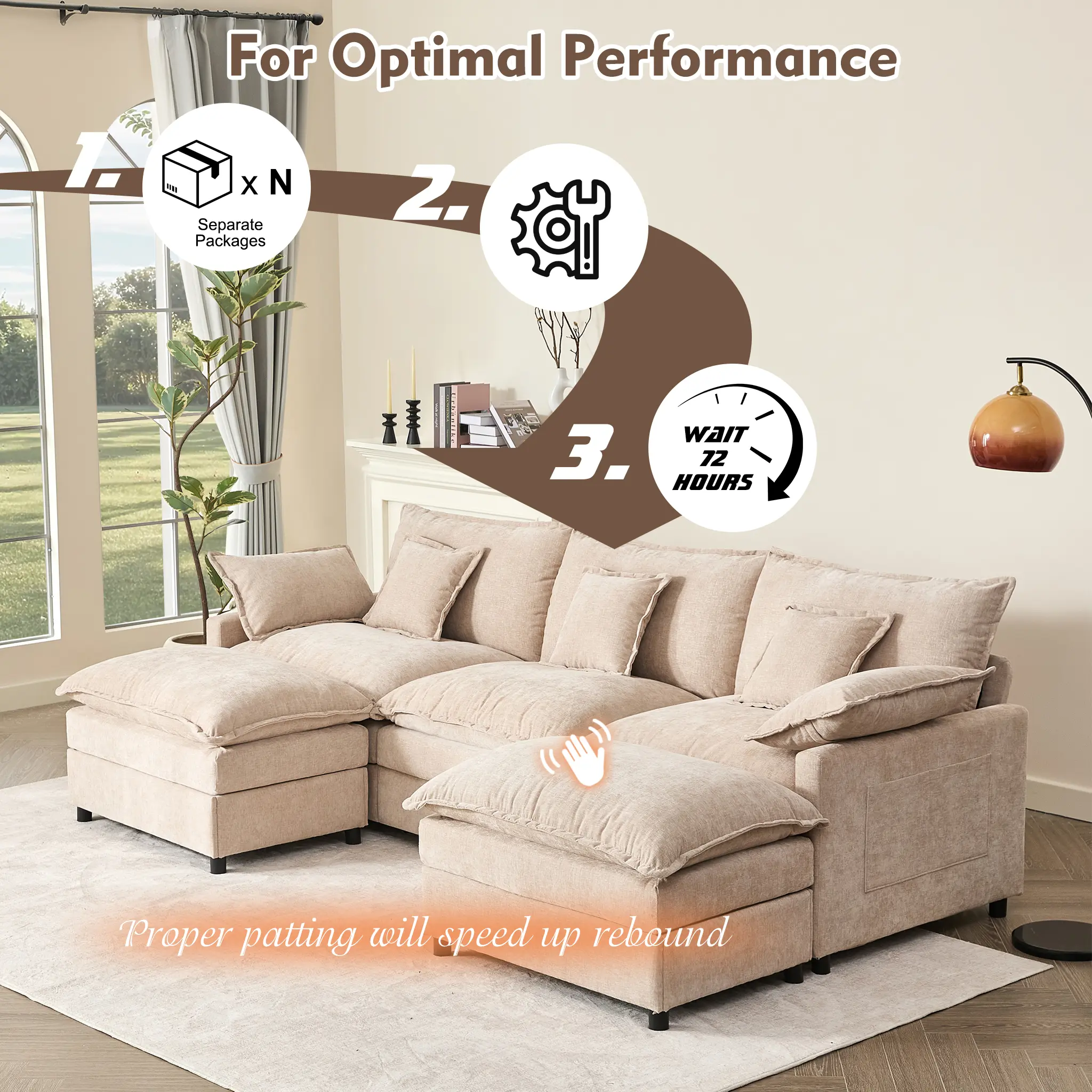 108" U-Shaped Modular Sectional Sofa - Comfy Cloud 3-Seater with 2 Movable Ottoman, Cloud Sofa,Deep Seat Linen Couch for Living Room, Beige Color ,Comfort & Stylish Design,Chenille pink