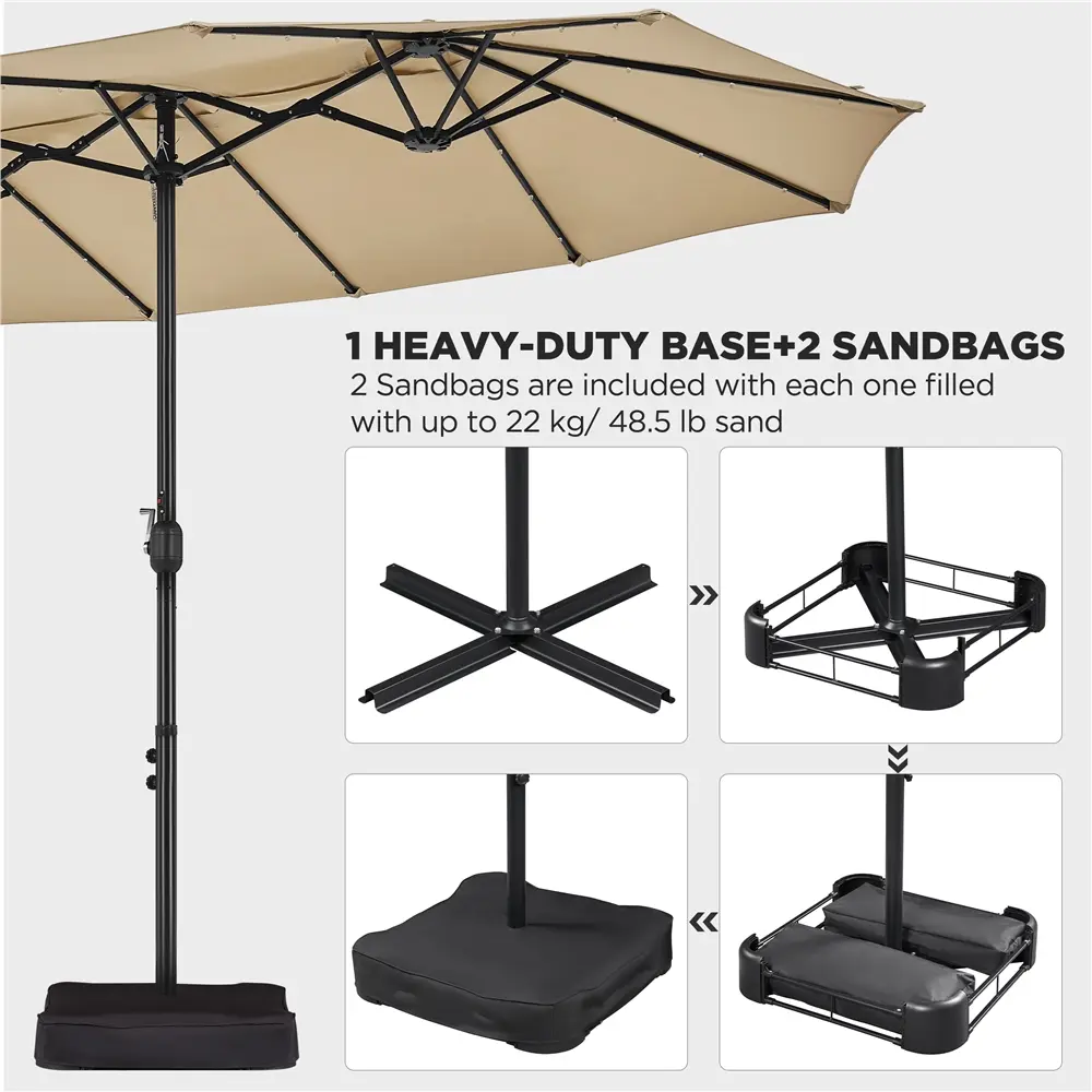 15FT Double-Sided Patio Umbrella – Large Outdoor Shade with 36 LED Lights, Crank System & Base Included for Patio, Pool & Backyard