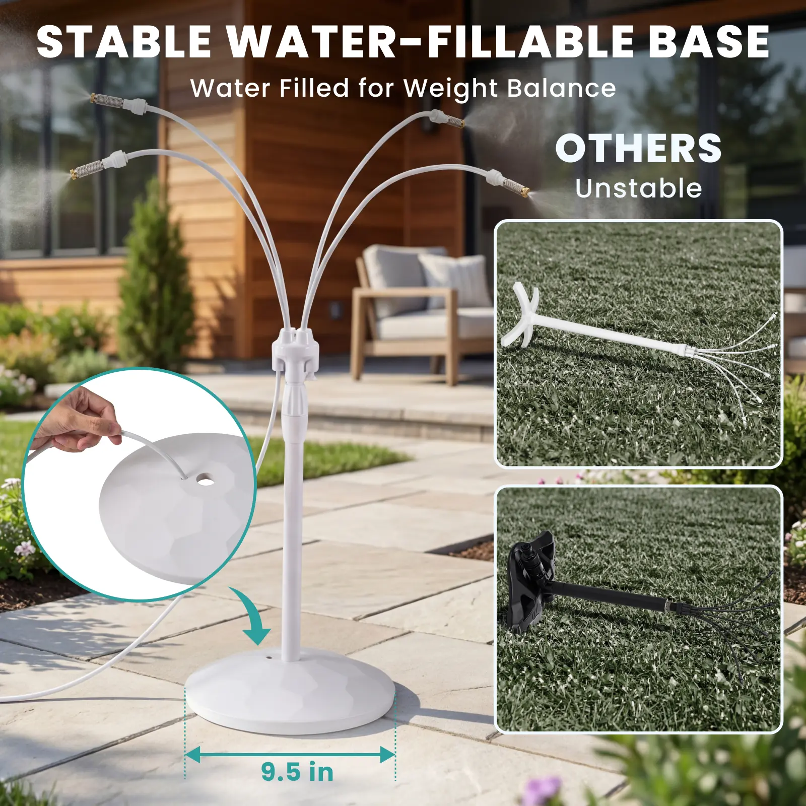 Standing Misting Cooling System with Fillable Base, 26.2FT Water Line, Adjustable Height Standing Mister for Outside Patio Cooling, Pool Tanning, Garden Greenhouse Watering
