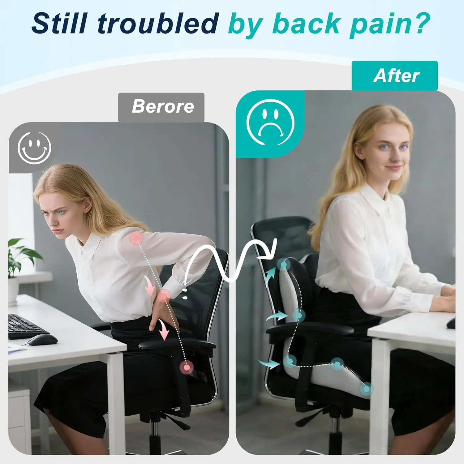 Ergonomic 2-in-1 Memory Foam Seat Cushion & Back Support Pillow - Non-Slip Tailbone Office Chair Pad for Sciatica & Lower Back Pain Relief, Car Drives Gift