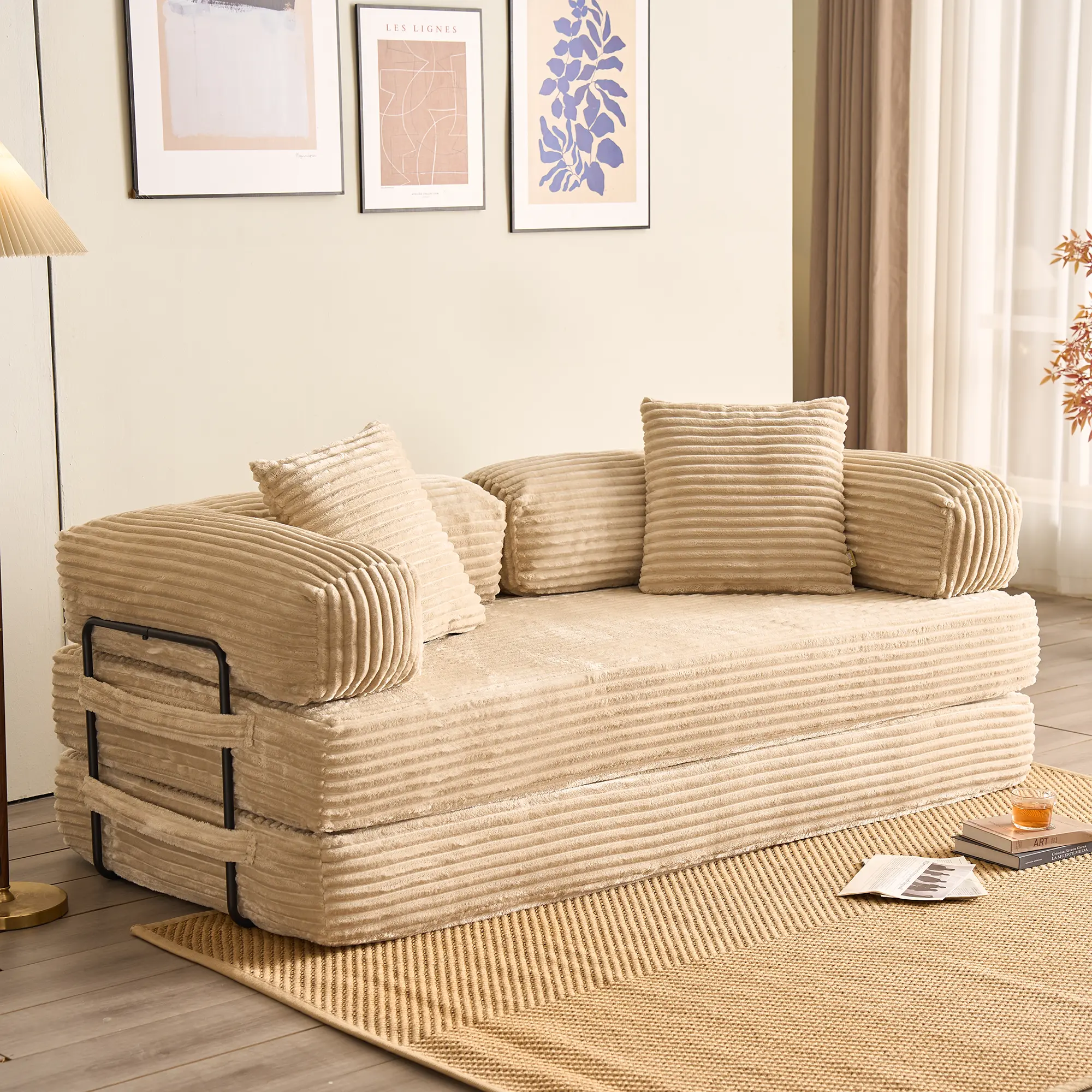 80"Oversized Boneless Couch, 5-in-1 Convertible Sleeper Sofa Bed, Deep Seat Corduroy Modular Floor Sofa, Foldable Pull-Out Couch for Living Room, Apartment,No Assembly