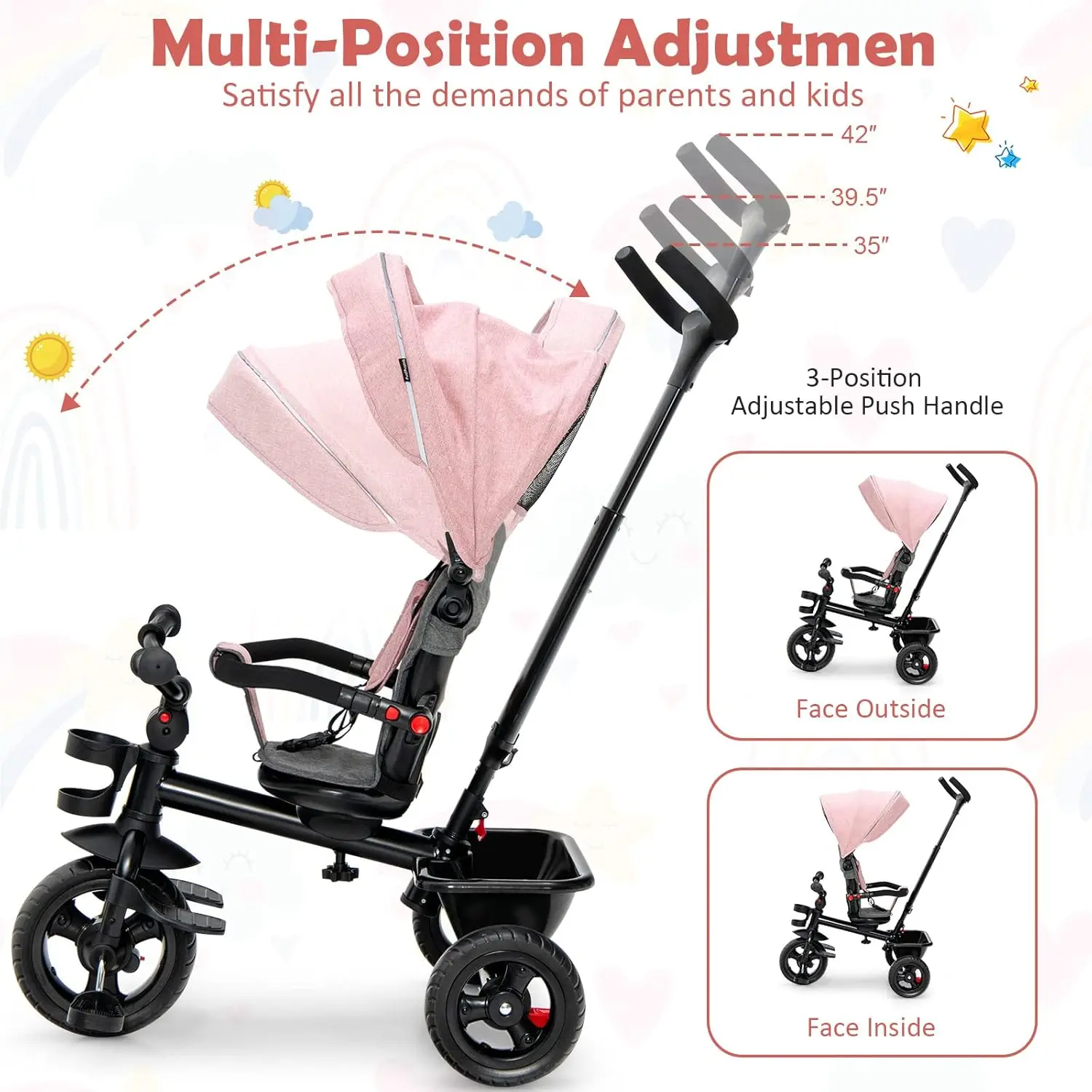 Toddler Tricycle Pushchair - Strollers for Kids Outdoor Play, with Removable Push Handle, Reversible Seat, EVA Wheels, Adjustable Canopy, Cup Holder & Storage