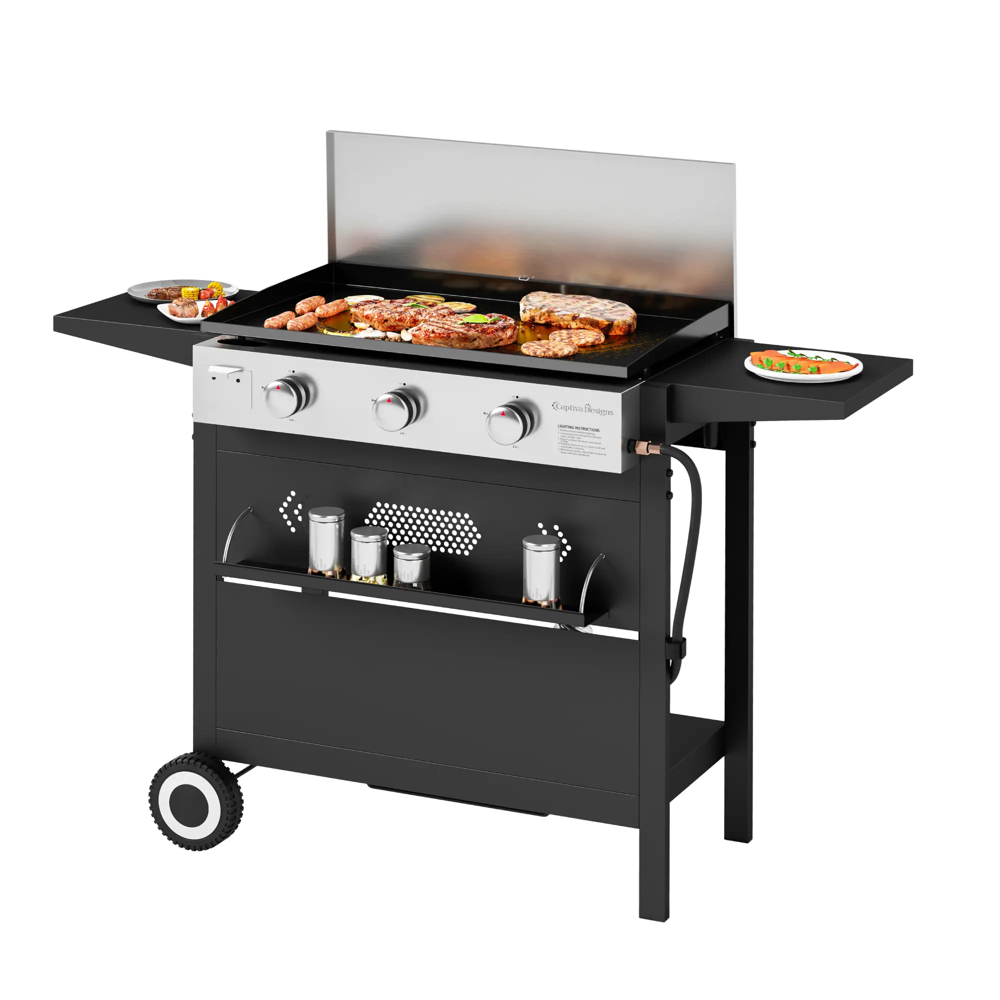 27 Inch Flat Top Grill with Ceramic Coated Cast Iron Pan, 3-Burner Propane Gas, Nonstick Design, Stainless Steel Barbecue Home Food Kitchenware
