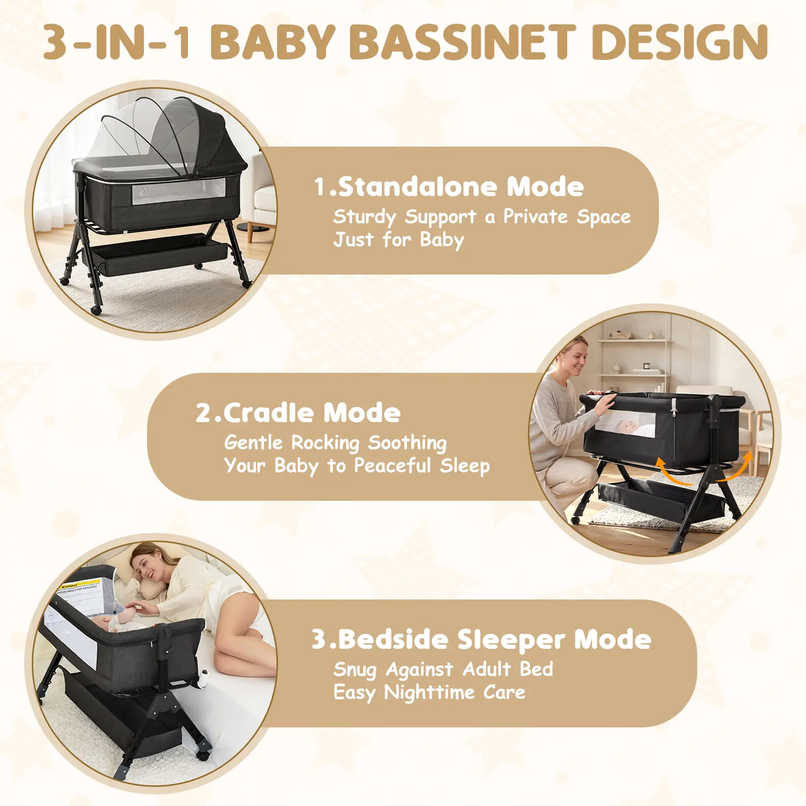 Baby Bassinet, Crib for Infant and Newborn, Bedside Sleeper with Storage Basket and Mosquito Net, Easy to Fold, Height Adjustable, Portable Side Bed Crib portable Baby Furniture
