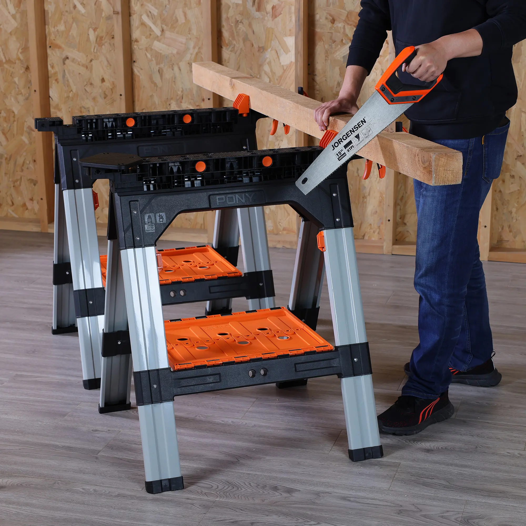 2-Pack Clamping Sawhorses, 1200 LBS Load Capacity, 30-3/4" Folding Sawhorse with 12” F Clamps, Bench Dogs, Angle Clamps, 2" Spring Clamps, Steel Legs, Heavy Duty for Woodworking