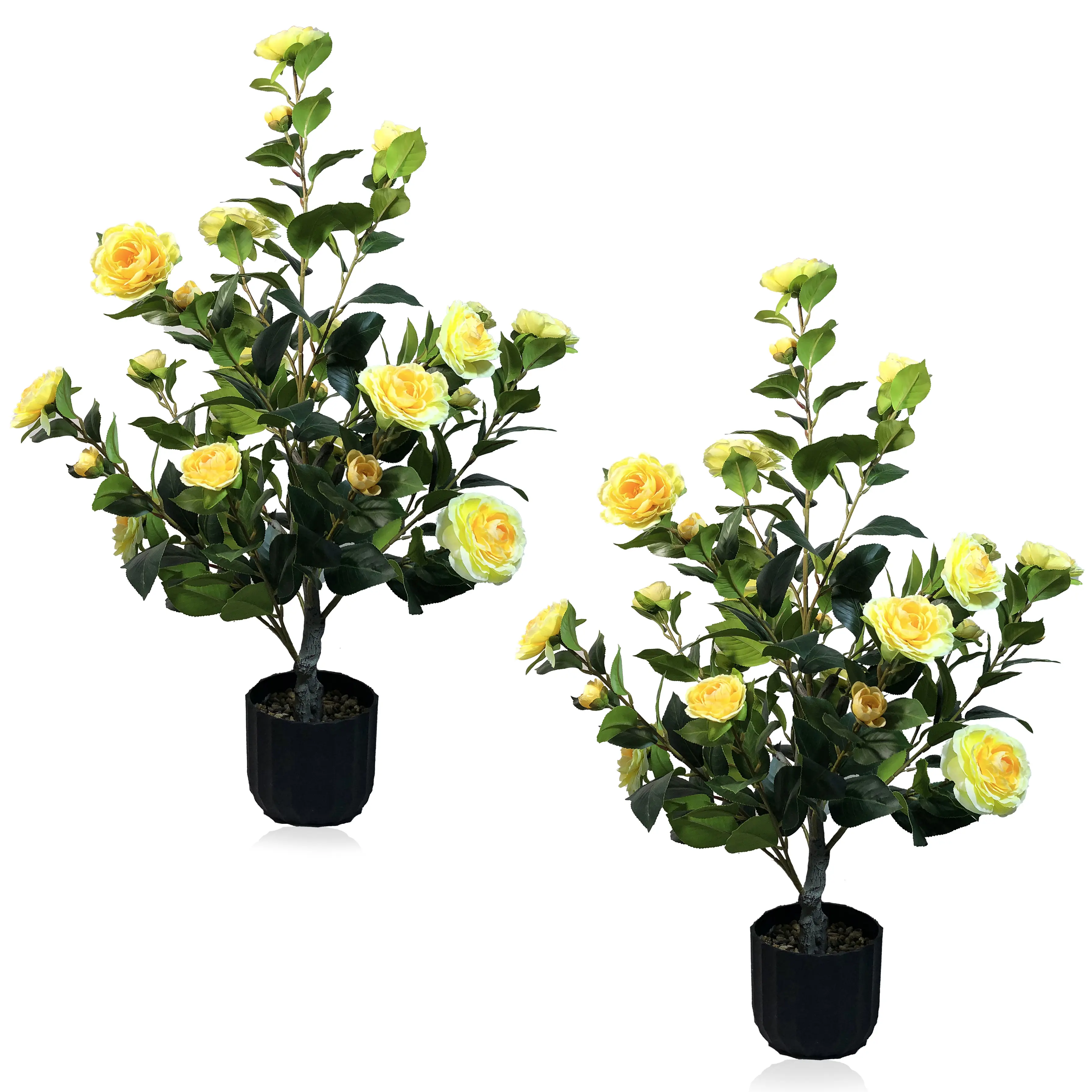2 Pcs 3-foot Camellia Tree with Decorative Pebbles, Flower Pot, 24 Realistic Flowers, 188 Leaves for Indoor, outdoor courtyard Home Decor
