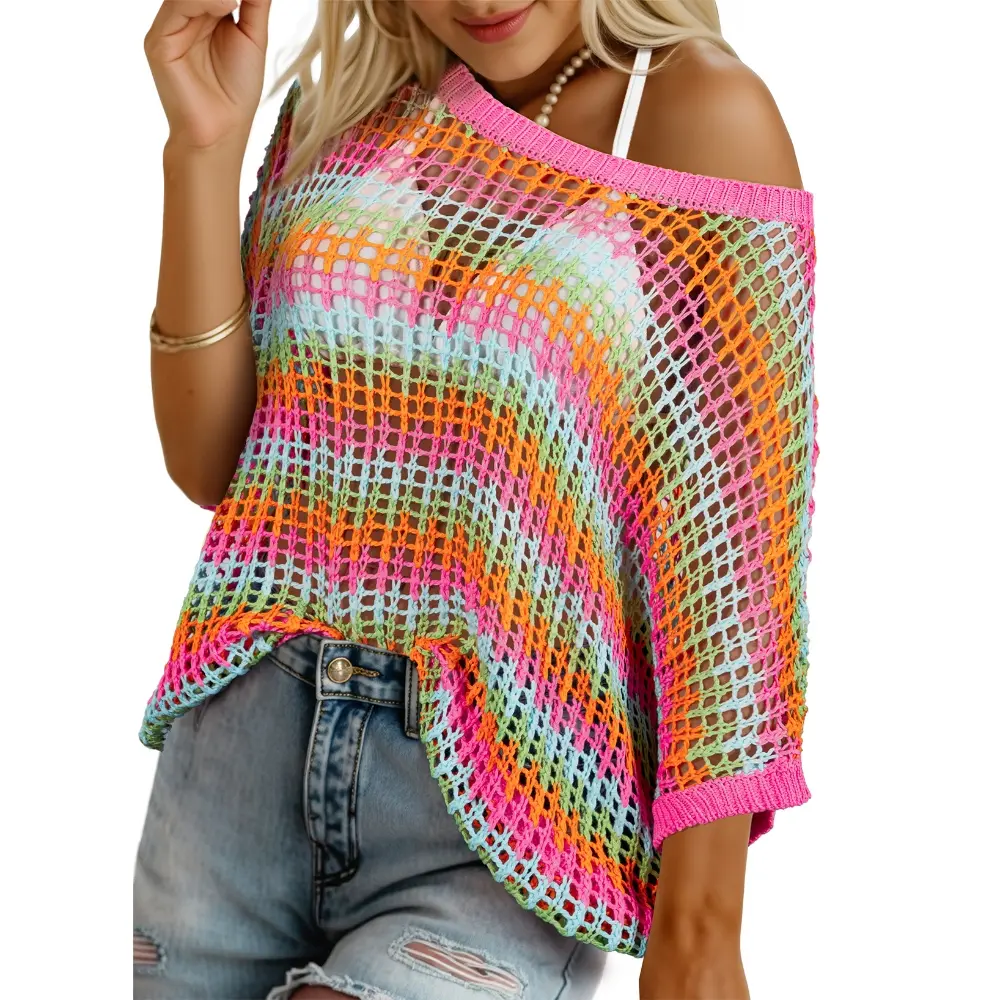 🎁2026 New Hot Sale 49% OFF - Womens Summer Scoop Neck Short Sleeve Sweater Casual Crochet Hollow Out Knit Tops Pullover Shirts Beach Coverup