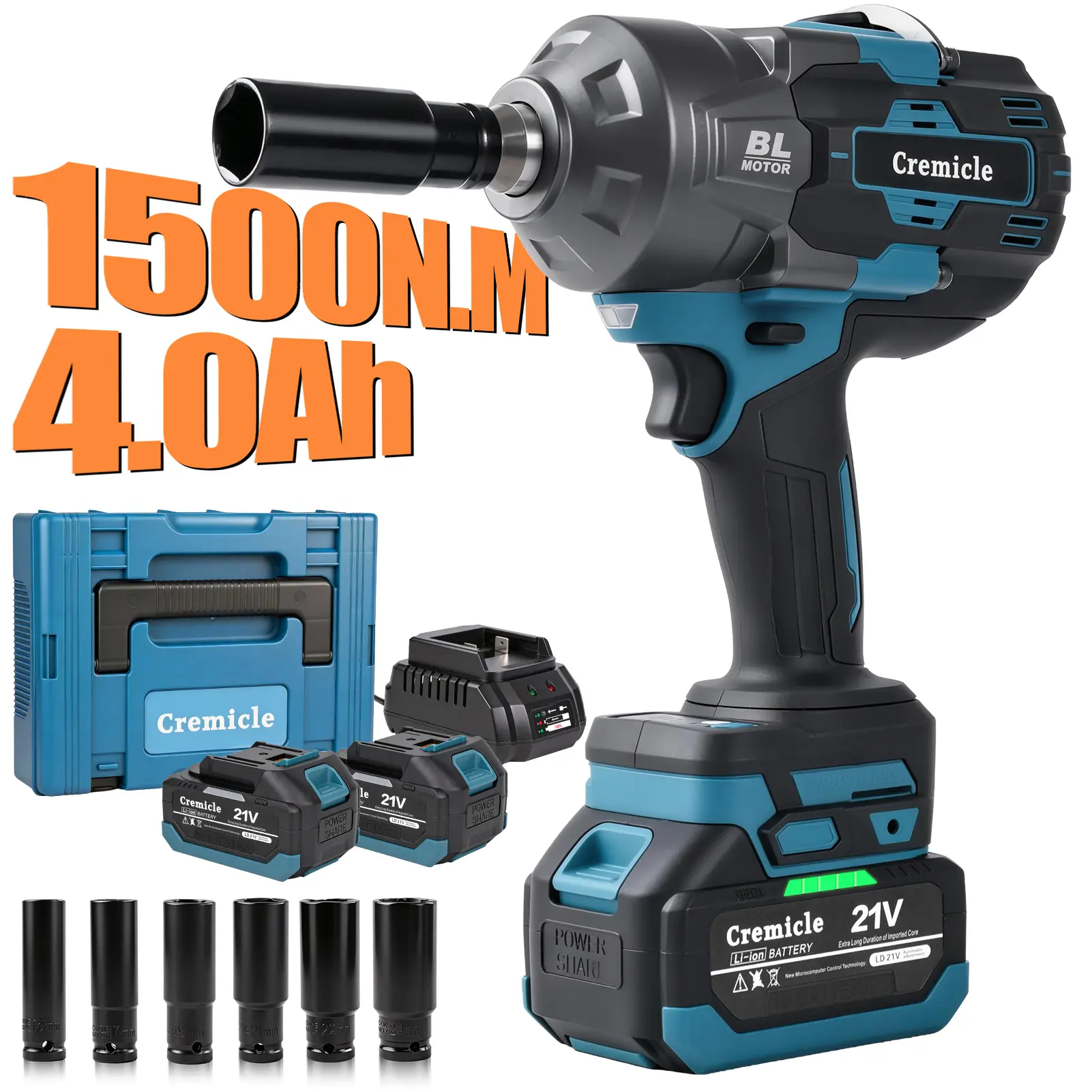 1000N.m Cordless Impact Wrench,All-Metal Cordless Impact Gun with 2 * 4.0Mah, 3-IN-1 Electric Impact Wrench