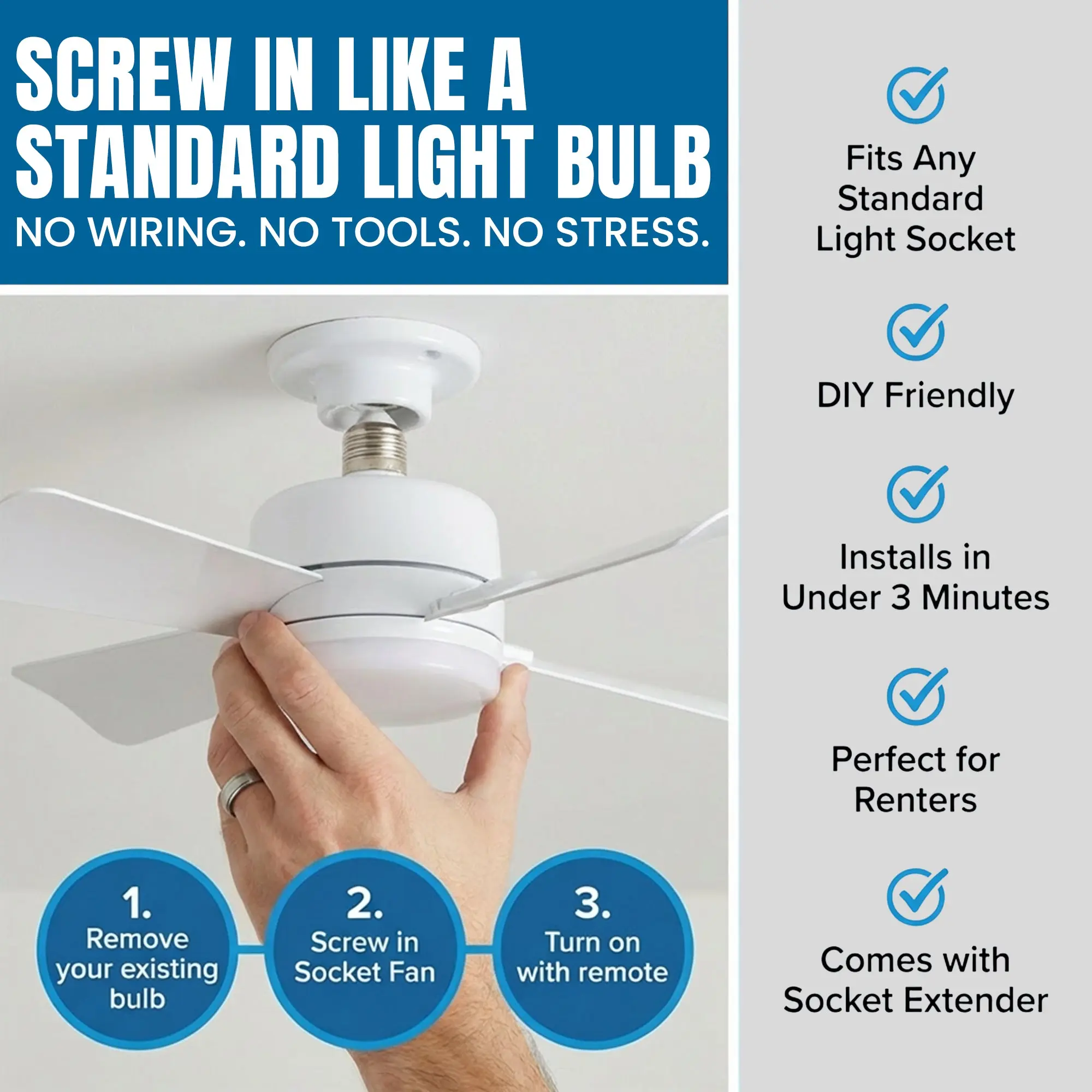 Socket Fan - Remote Controlled Socket Ceiling Fan & Light