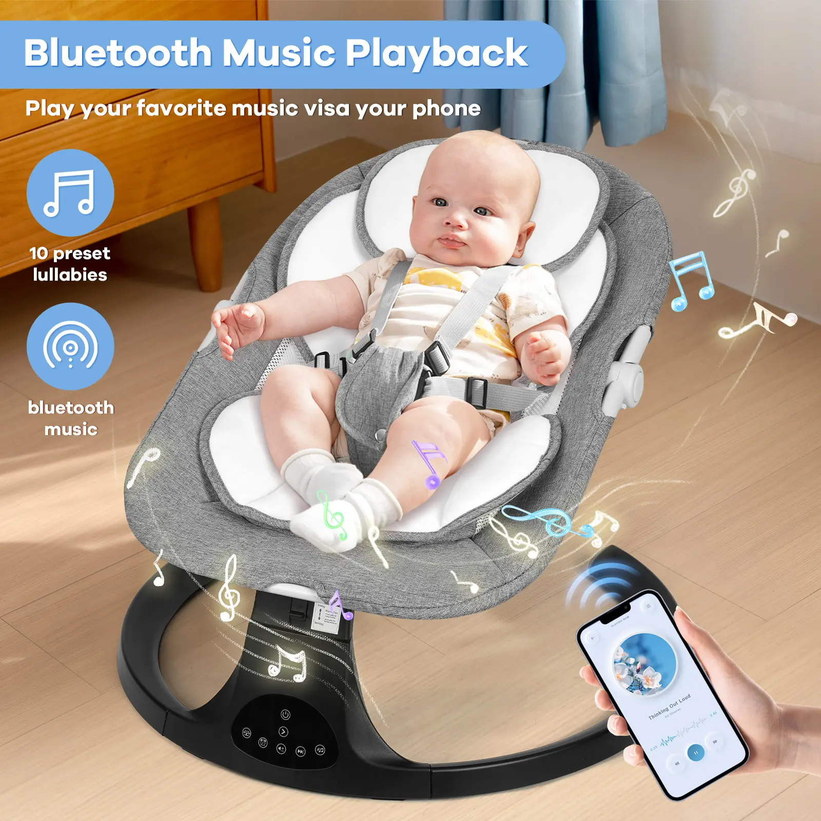 Baby Electric Bouncer & Swing – 5 Speeds, 10 Lullabies, Remote Control, Battery & Adapter Powered